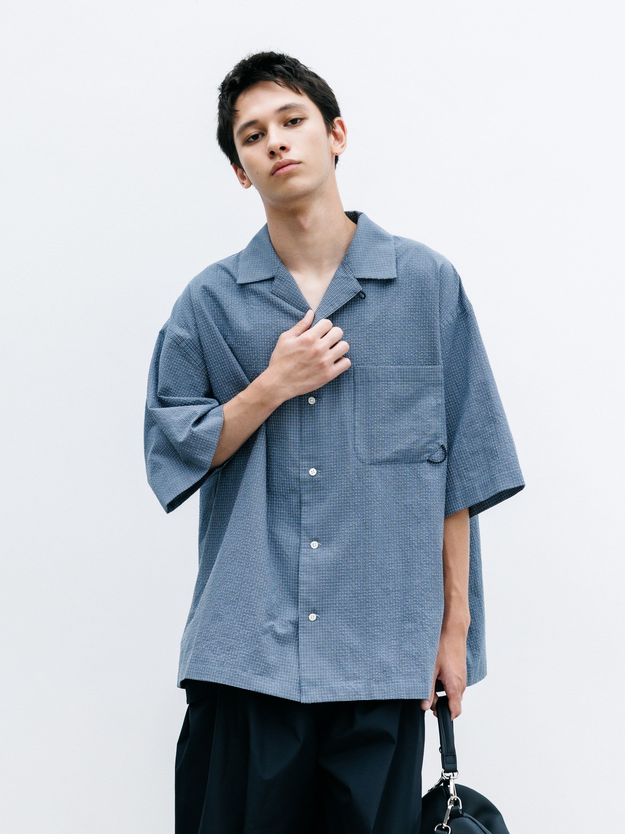 【7.25 SAT 20:00- IN STOCK】MINI CHECK OPEN COLLAR S/S SHIRT (BLUE×WHITE)