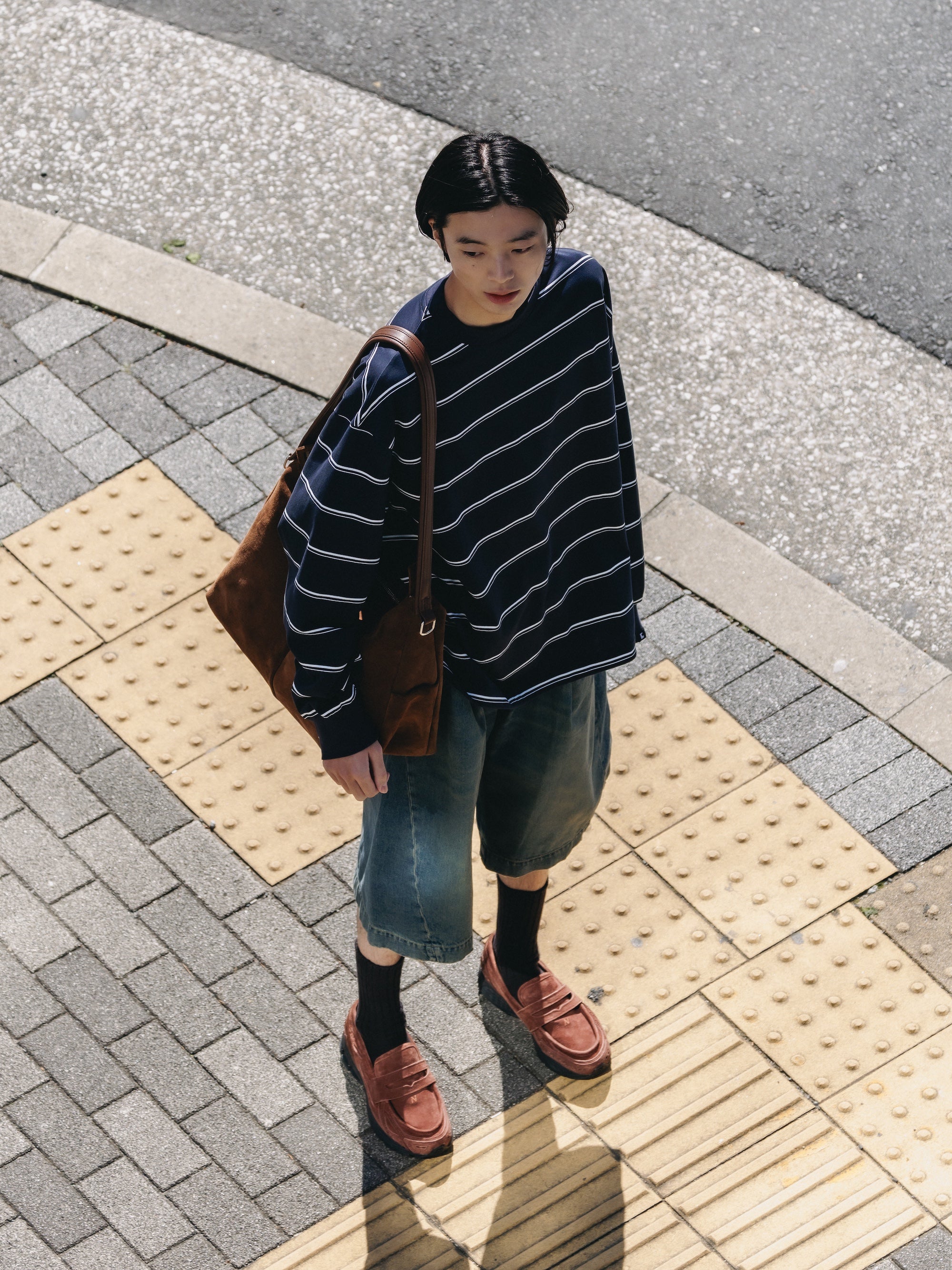 THICK THIN STRIPE L/S T-SHIRT WITH DRAWSTRINGS (NAVY)