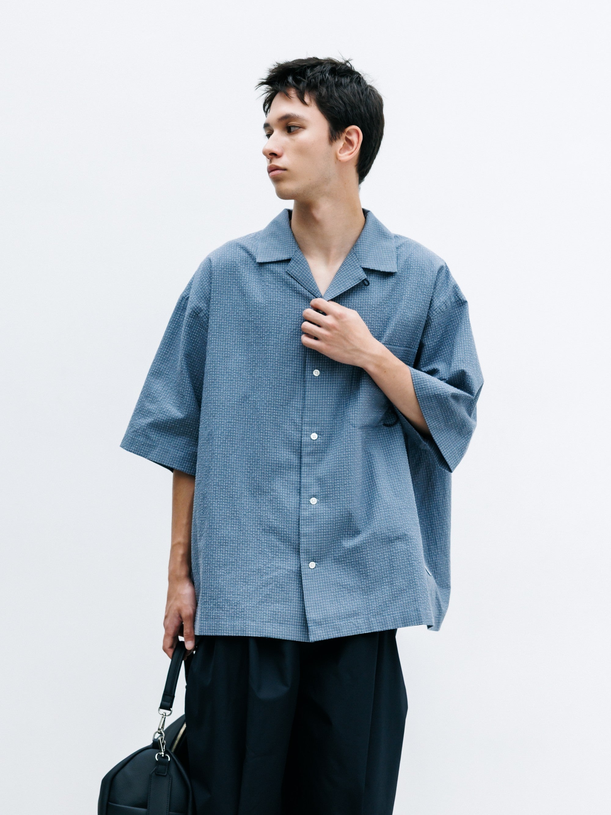 7.25 SAT 20:00- IN STOCK】MINI CHECK OPEN COLLAR S/S SHIRT (BLUE×WHITE