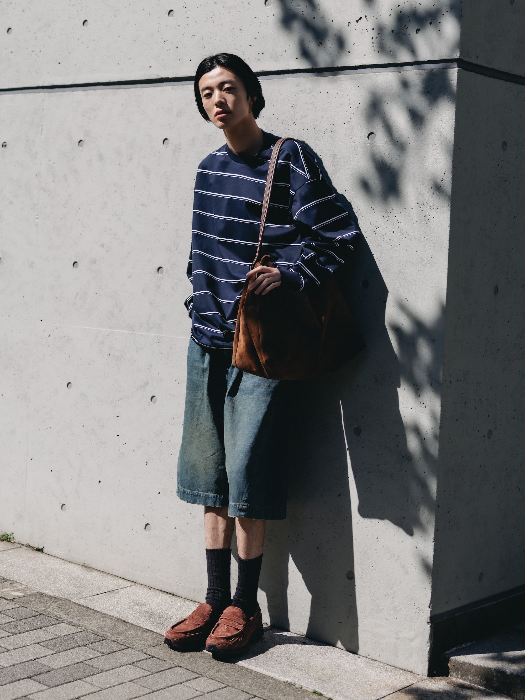 THICK THIN STRIPE L/S T-SHIRT WITH DRAWSTRINGS (NAVY)
