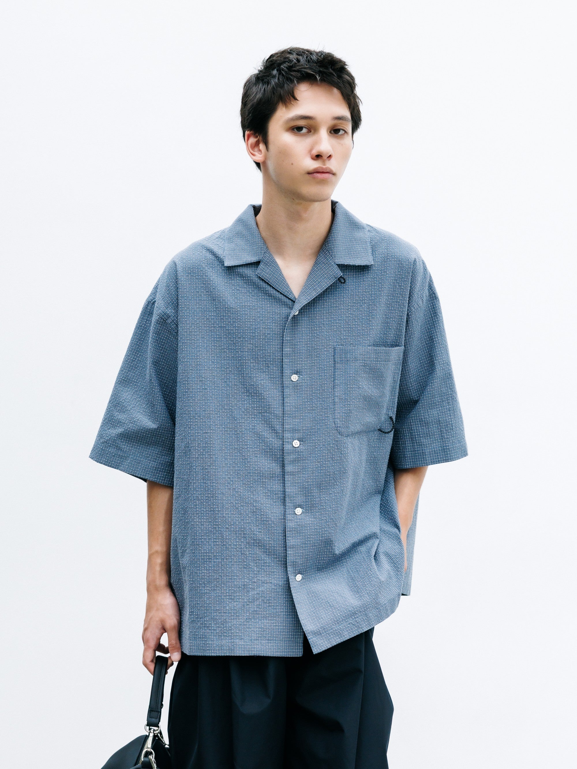 7.25 SAT 20:00- IN STOCK】MINI CHECK OPEN COLLAR S/S SHIRT (BLUE×WHITE