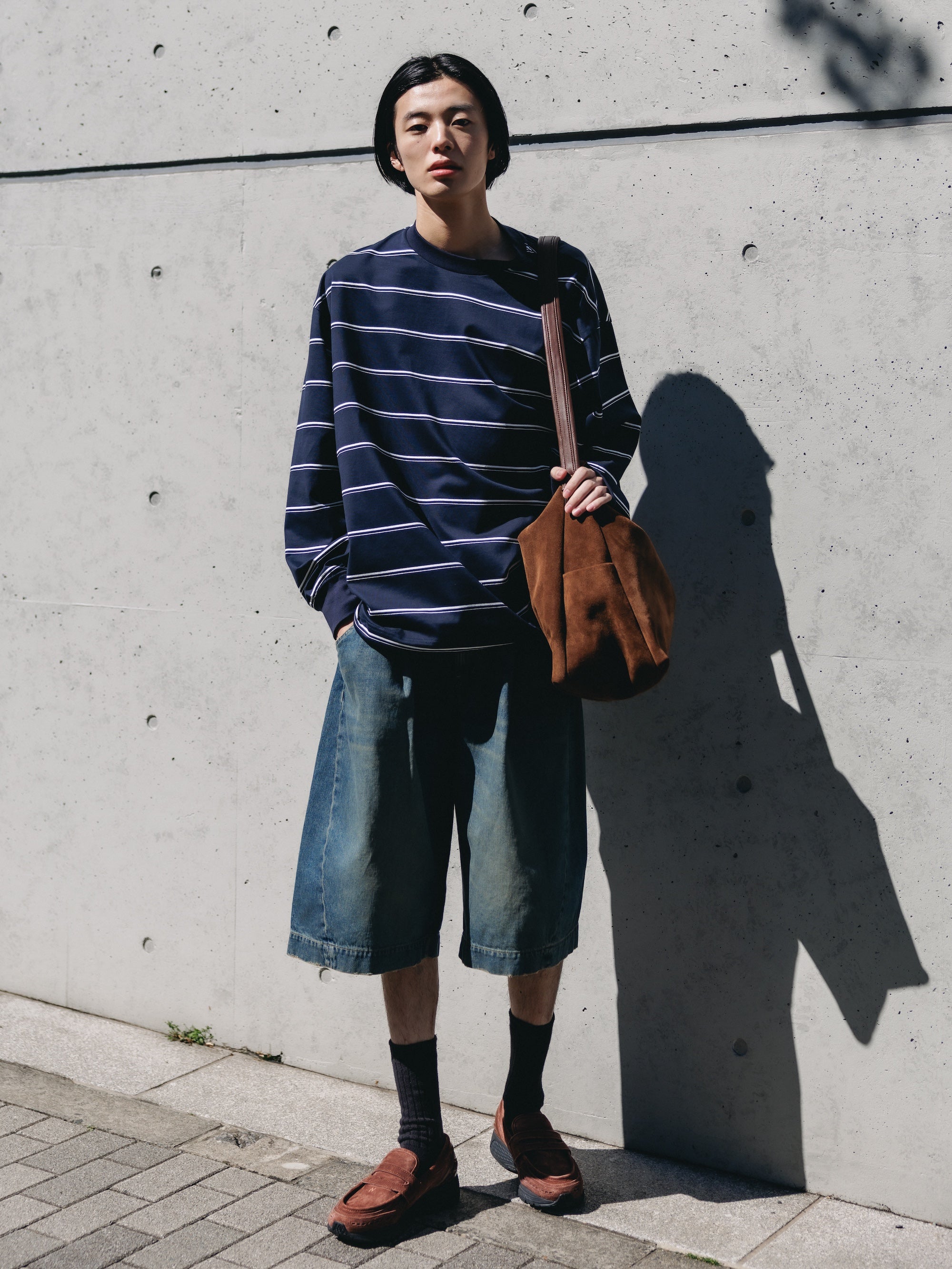 THICK THIN STRIPE L/S T-SHIRT WITH DRAWSTRINGS (NAVY)