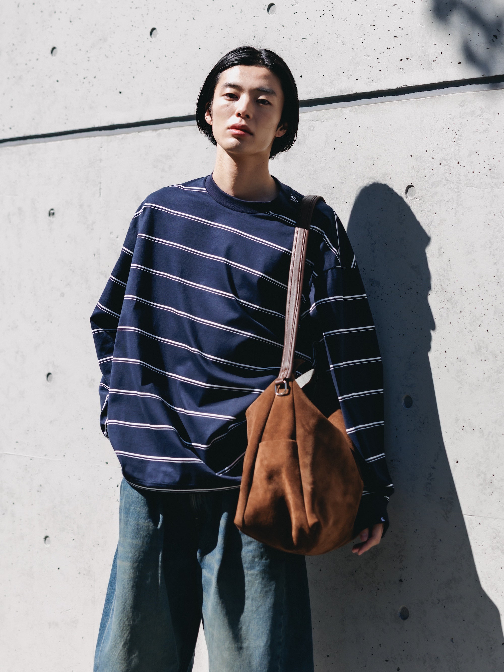 THICK THIN STRIPE L/S T-SHIRT WITH DRAWSTRINGS (NAVY)