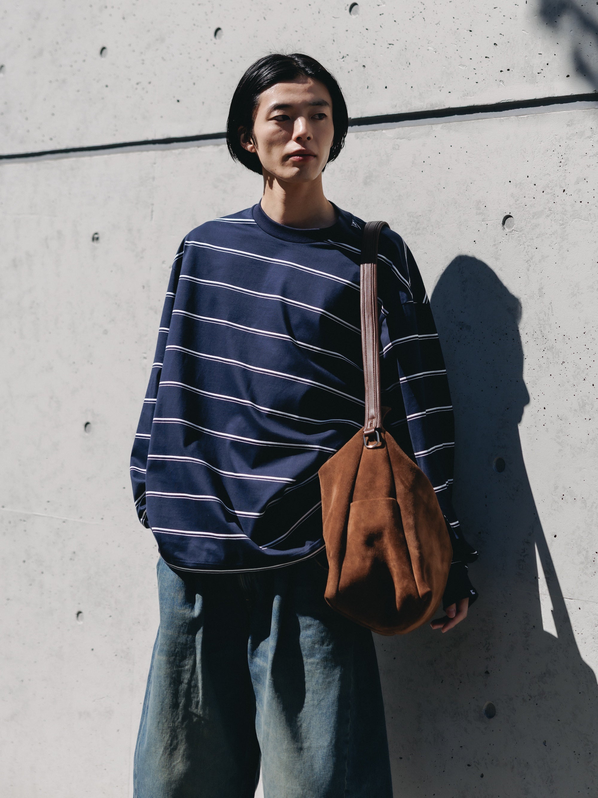 THICK THIN STRIPE L/S T-SHIRT WITH DRAWSTRINGS (NAVY)