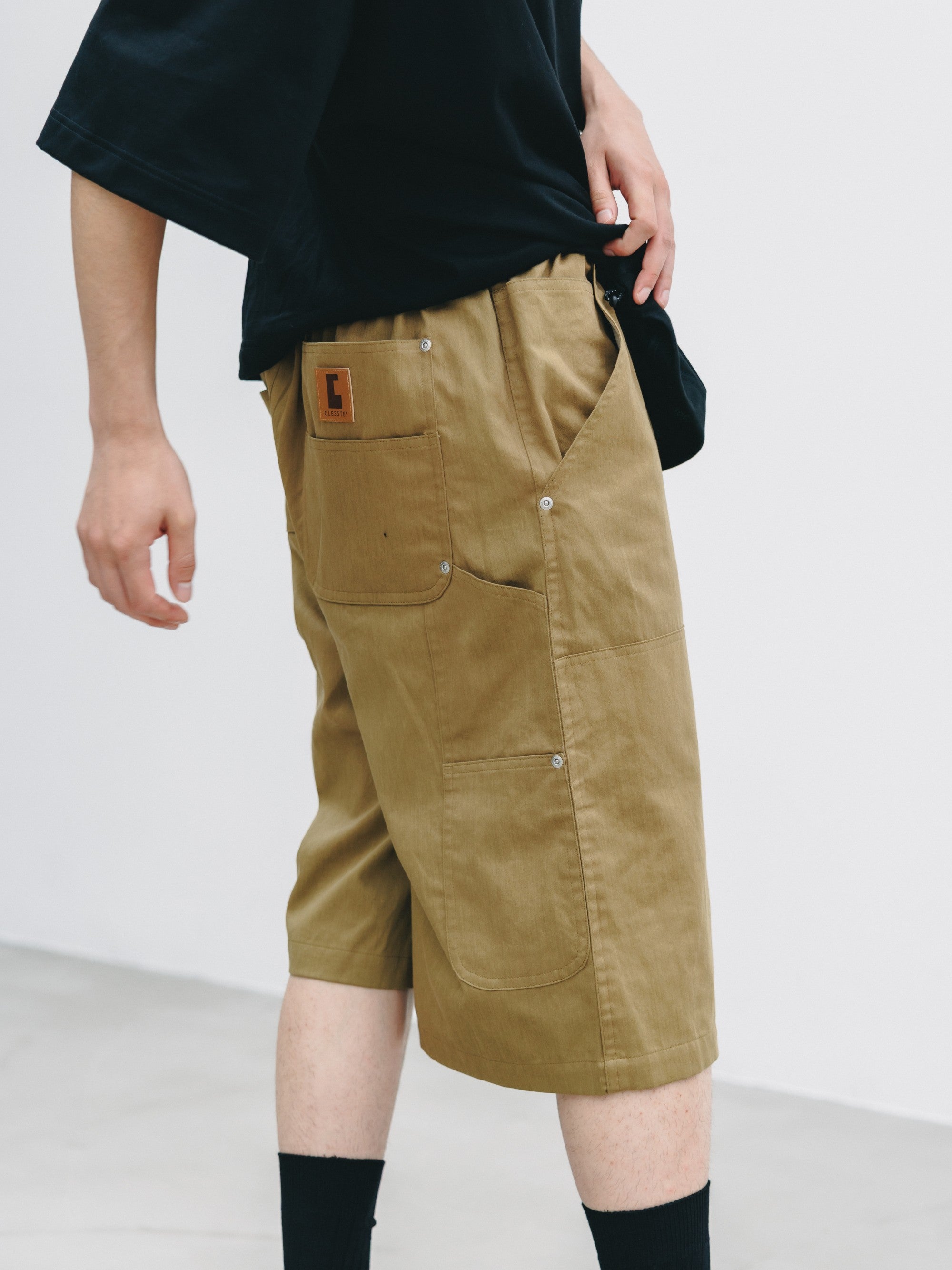 【7.4 SAT 20:00- IN STOCK】VINTAGE EFFECT DOUBLE KNEE WORKER BAGGY HALF PANTS (BEIGE)