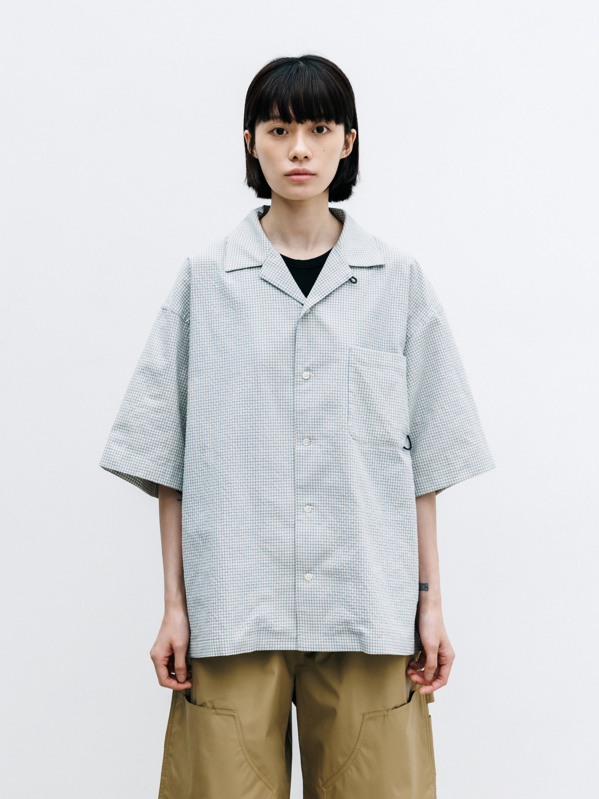 【7.25 SAT 20:00- IN STOCK】MINI CHECK OPEN COLLAR S/S SHIRT (BEIGE×BLUE)
