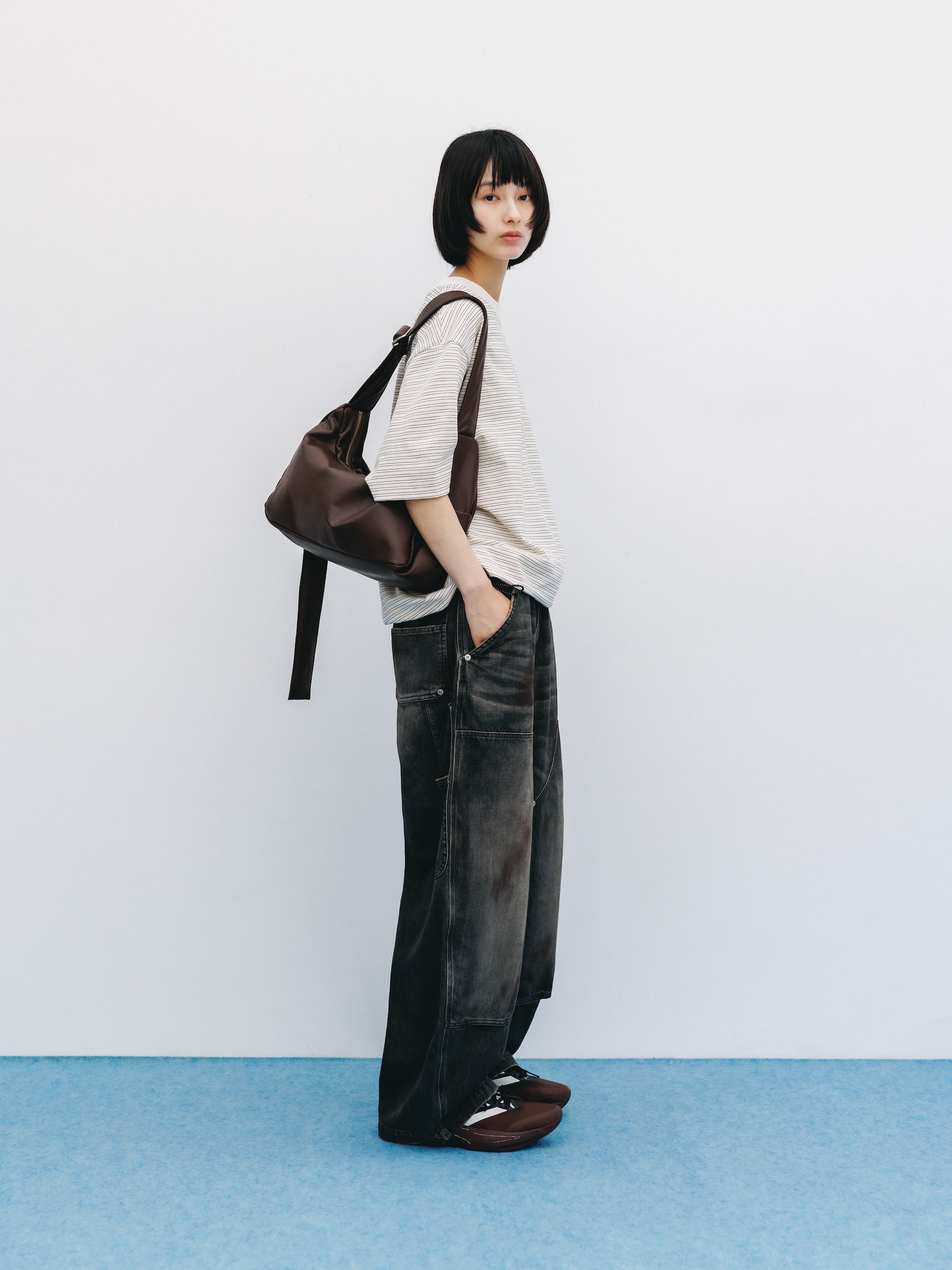 VINTAGE DYED SELVEDGE DENIM DOUBLE KNEE CURVED WORKER PANTS (VINTAGE BLACK)