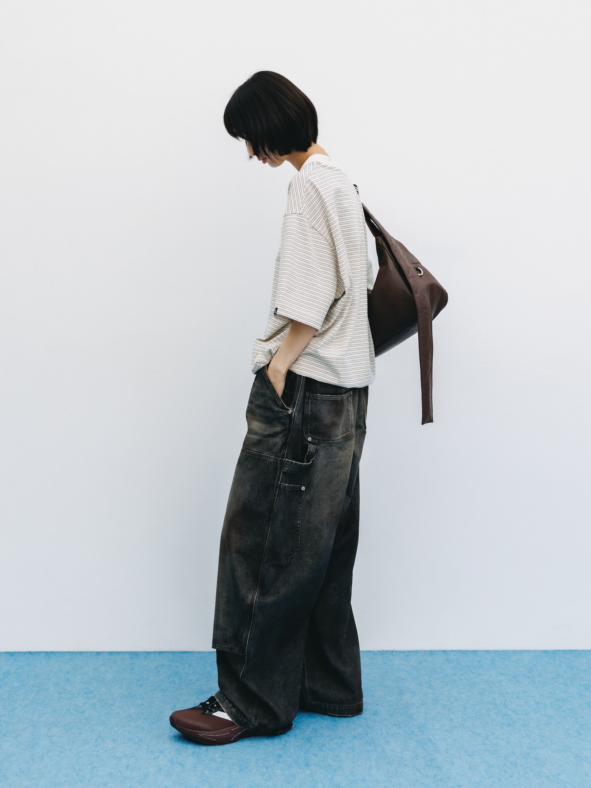 VINTAGE DYED SELVEDGE DENIM DOUBLE KNEE CURVED WORKER PANTS (VINTAGE BLACK)