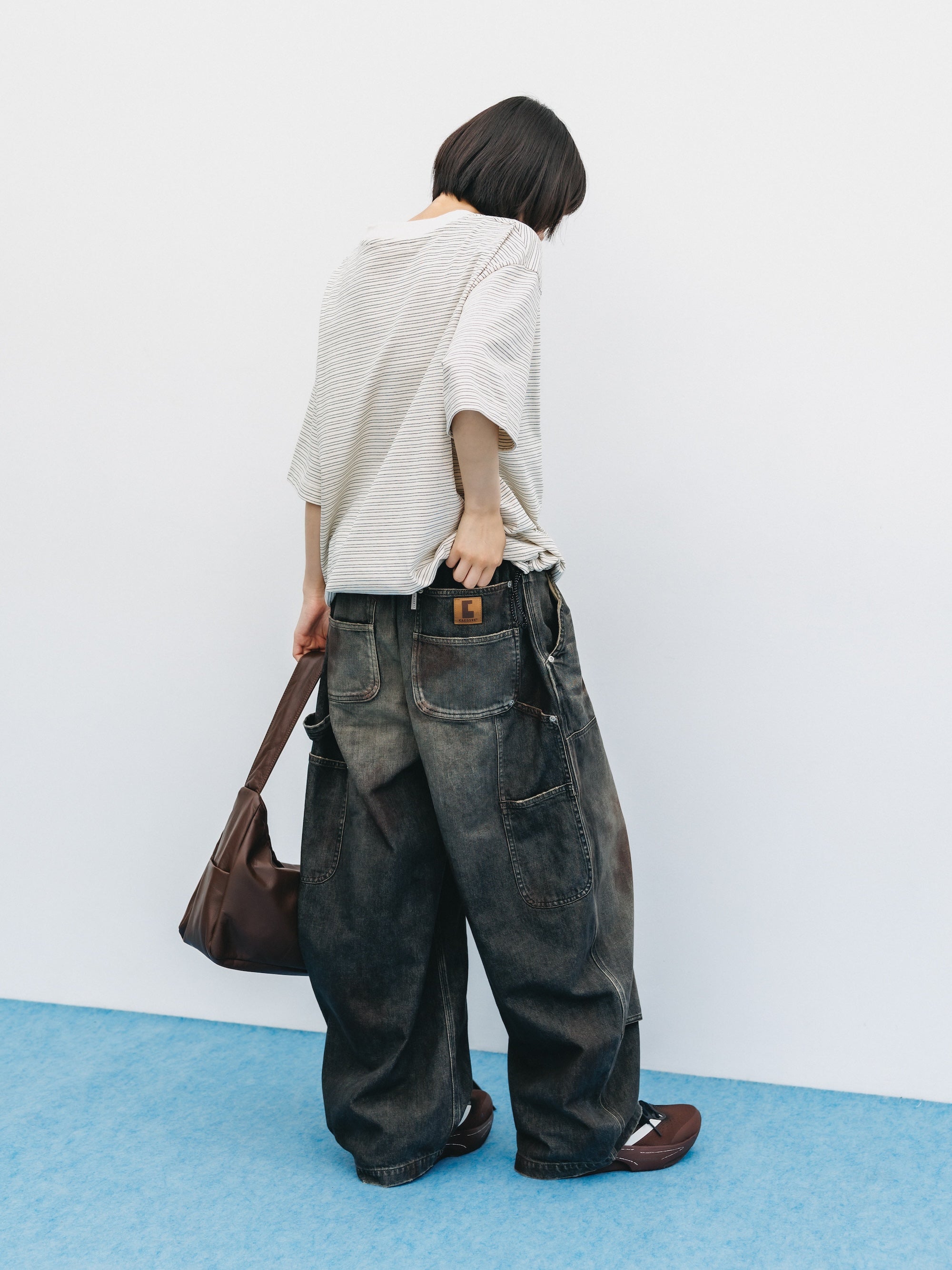 VINTAGE DYED SELVEDGE DENIM DOUBLE KNEE CURVED WORKER PANTS (VINTAGE BLACK)