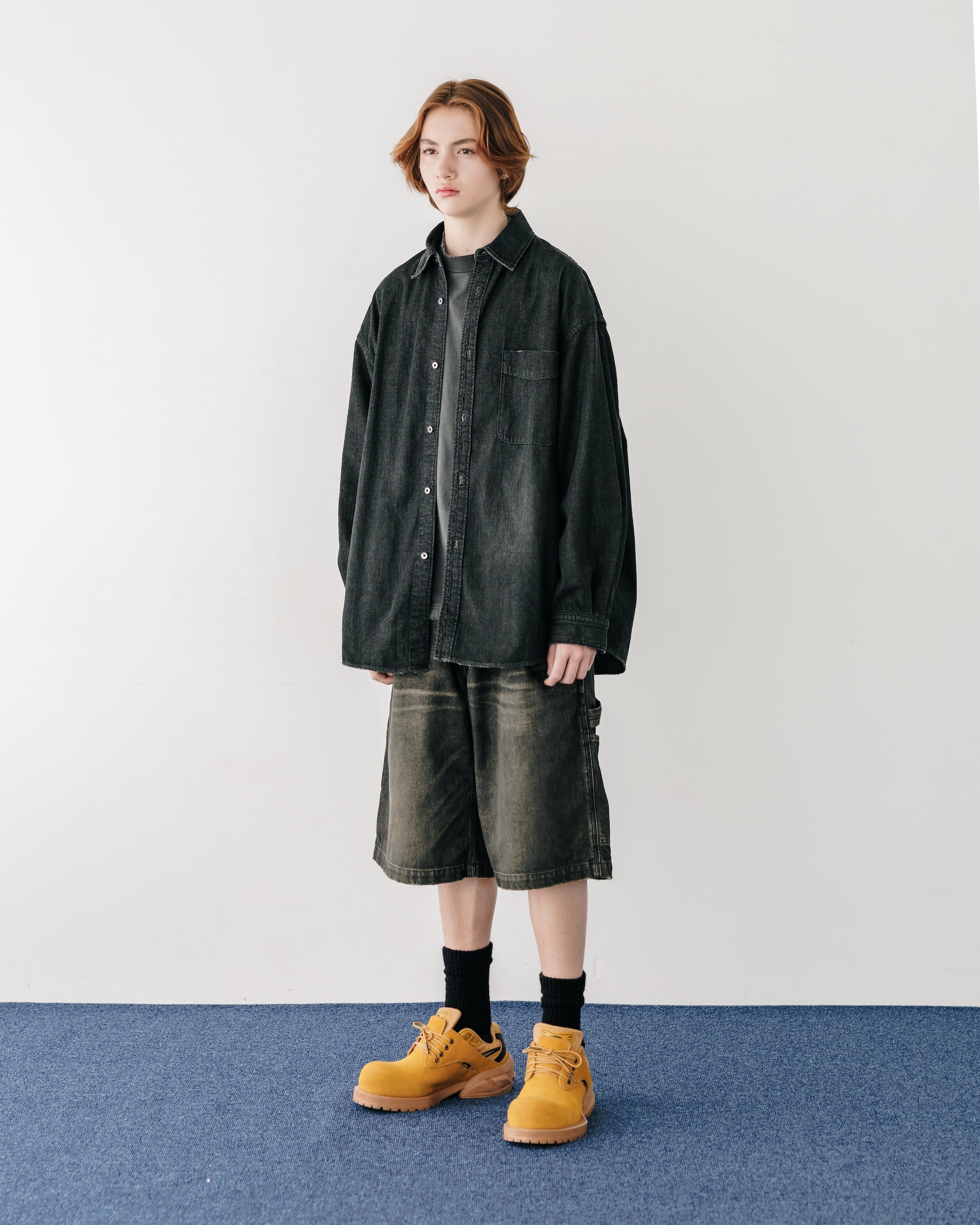 VINTAGE DYED SELVEDGE DENIM WORKER HALF PANTS (VINTAGE BLACK)