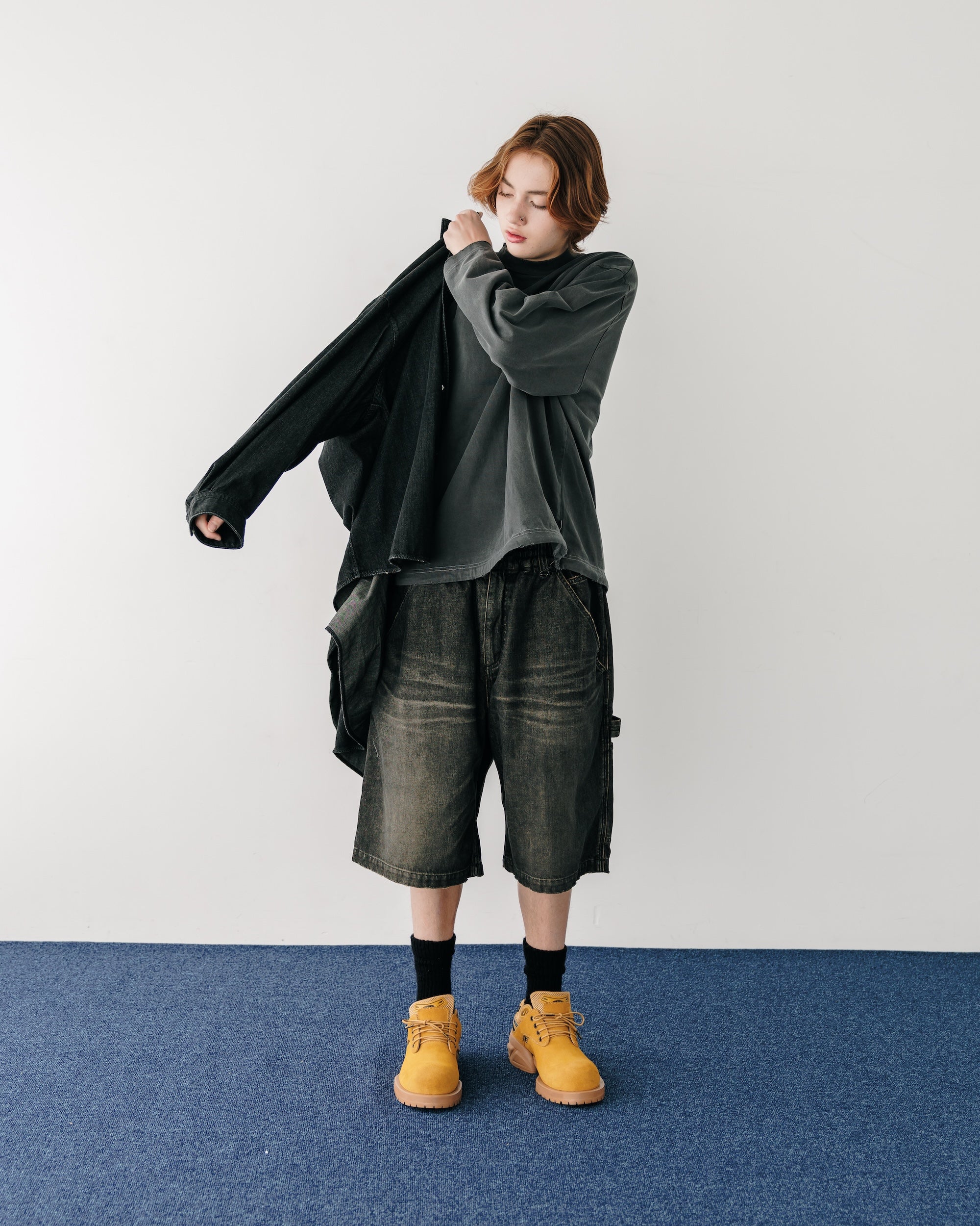 VINTAGE DYED SELVEDGE DENIM WORKER HALF PANTS (VINTAGE BLACK)