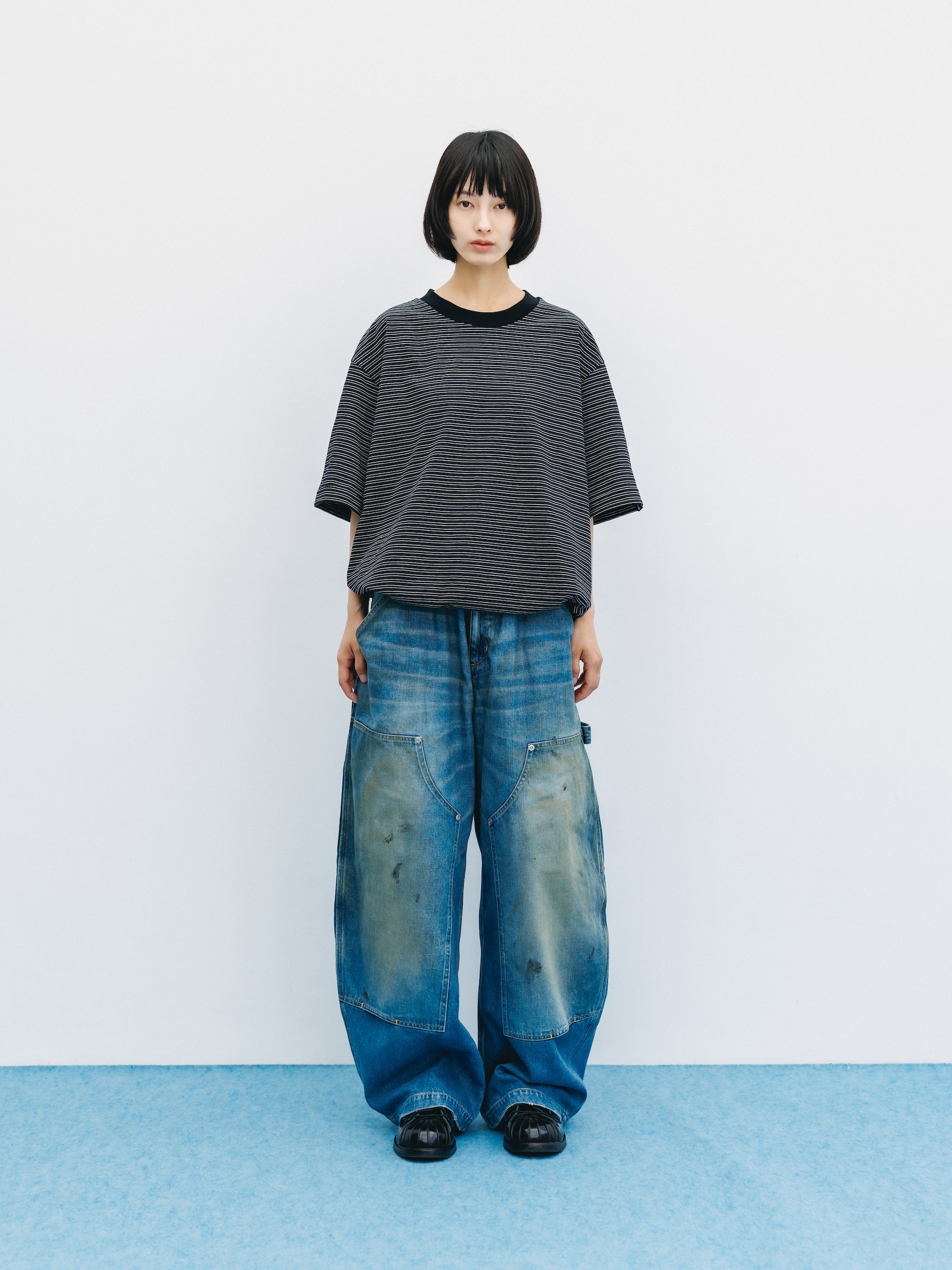 VINTAGE DYED SELVEDGE DENIM DOUBLE KNEE CURVED WORKER PANTS (VINTAGE LIGHT INDIGO)