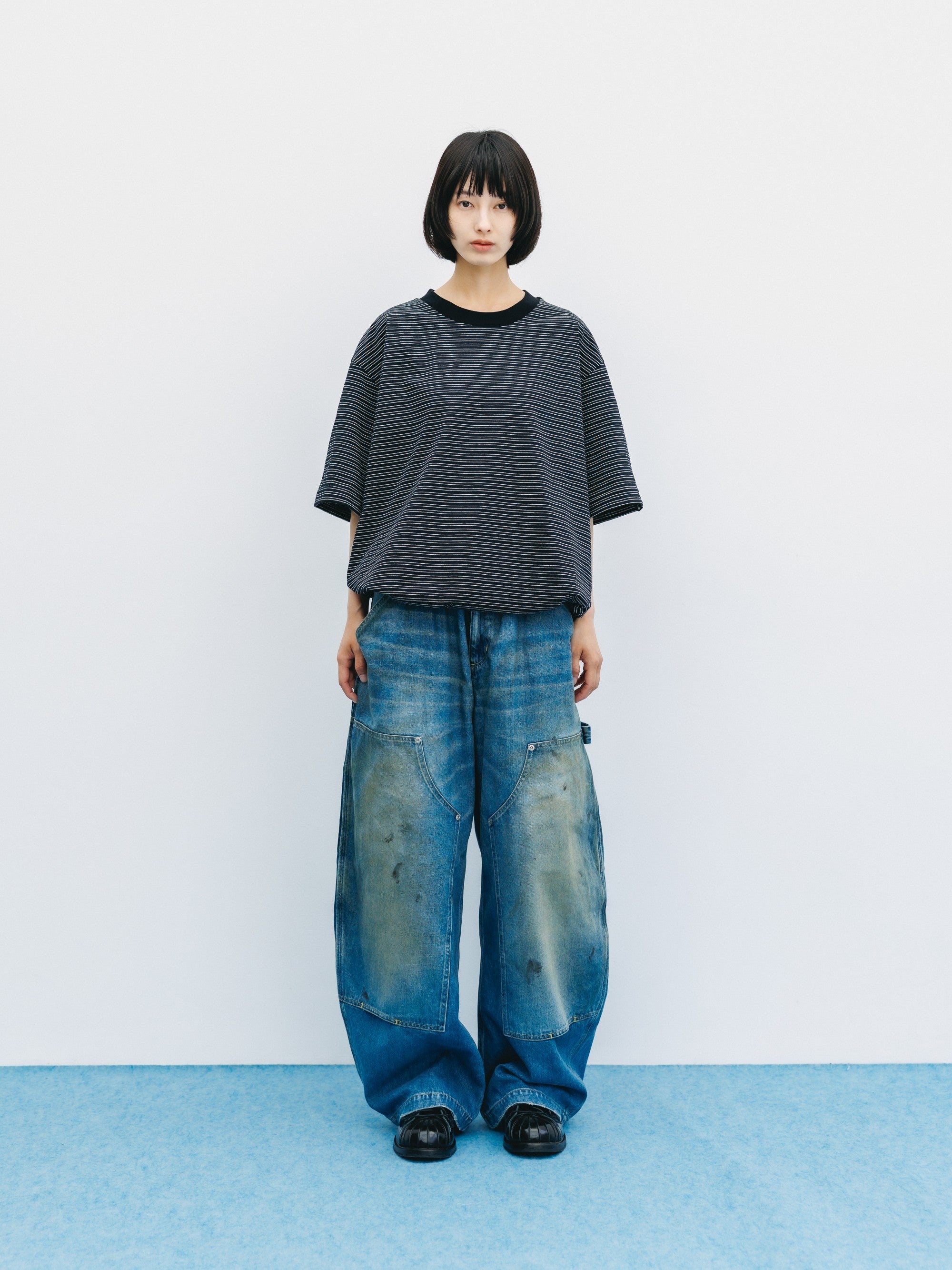 MICRO STRIPE S/S T-SHIRT WITH DRAWSTRINGS (BLACK)