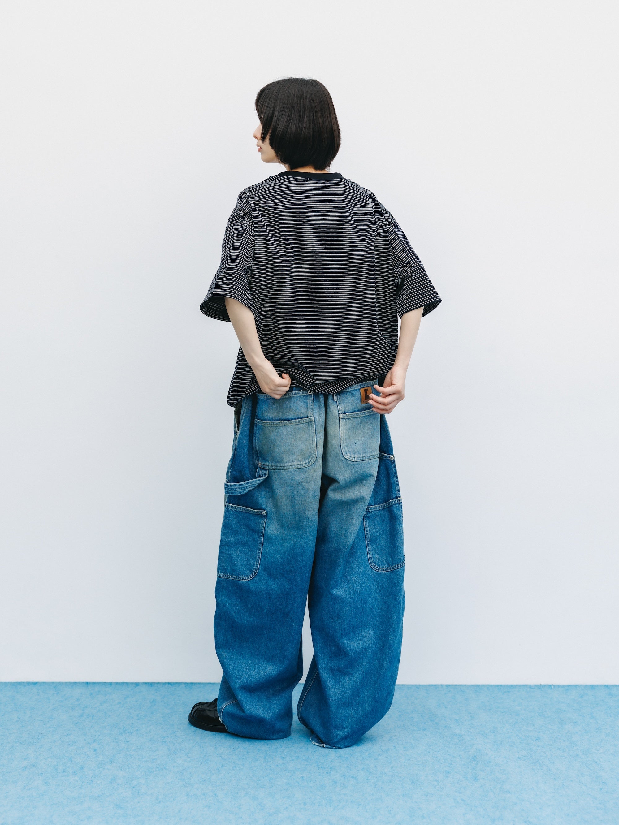VINTAGE DYED SELVEDGE DENIM DOUBLE KNEE CURVED WORKER PANTS (VINTAGE LIGHT INDIGO)
