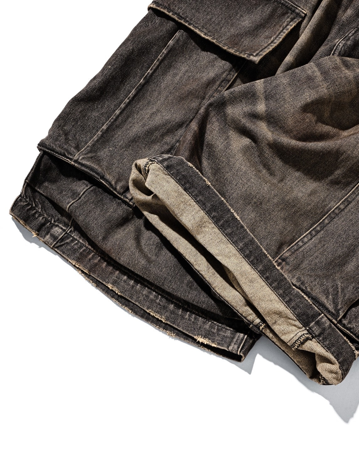 VINTAGE DYED SELVEDGE DENIM CITY MEGA POCKET BALLOON CARGO HALF PANTS