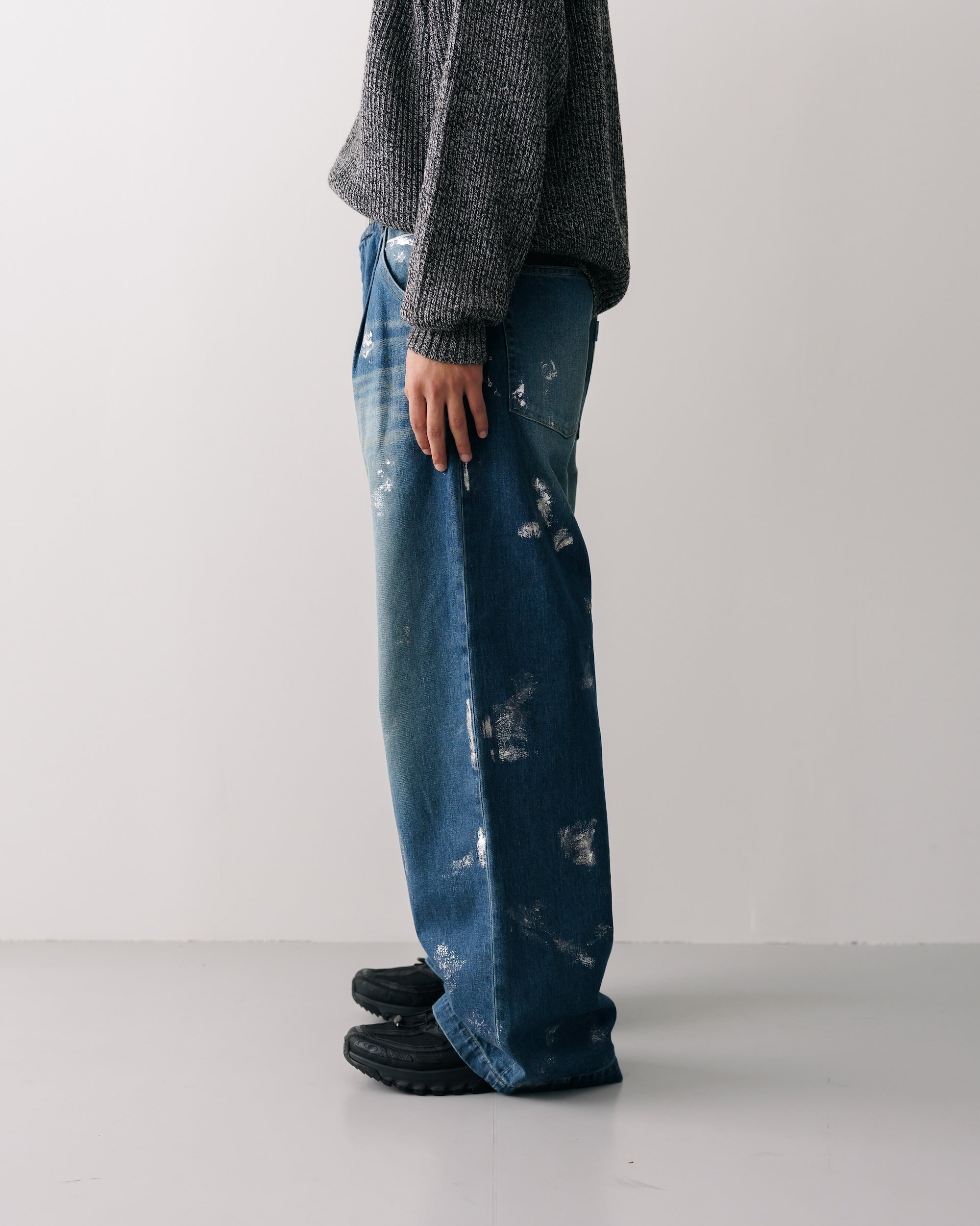 SILVER PRINT VINTAGE WASH SELVEDGE DENIM WIDE PANTS