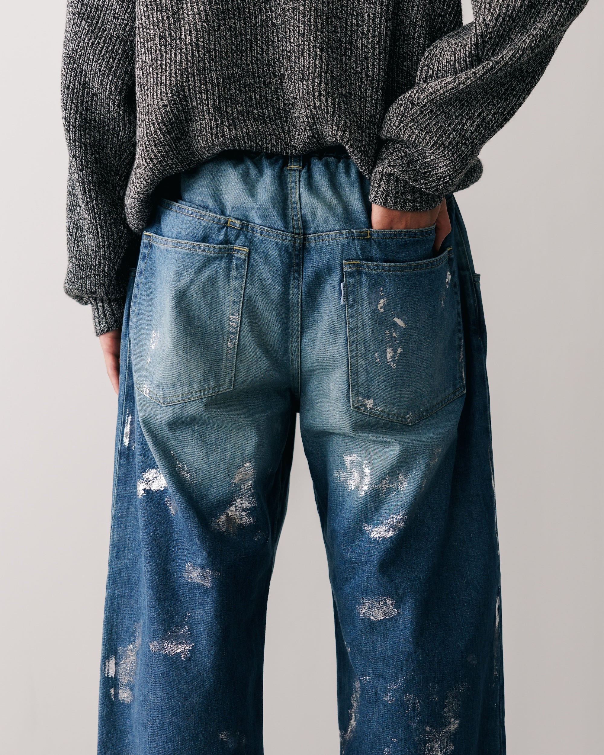 SILVER PRINT VINTAGE WASH SELVEDGE DENIM WIDE PANTS