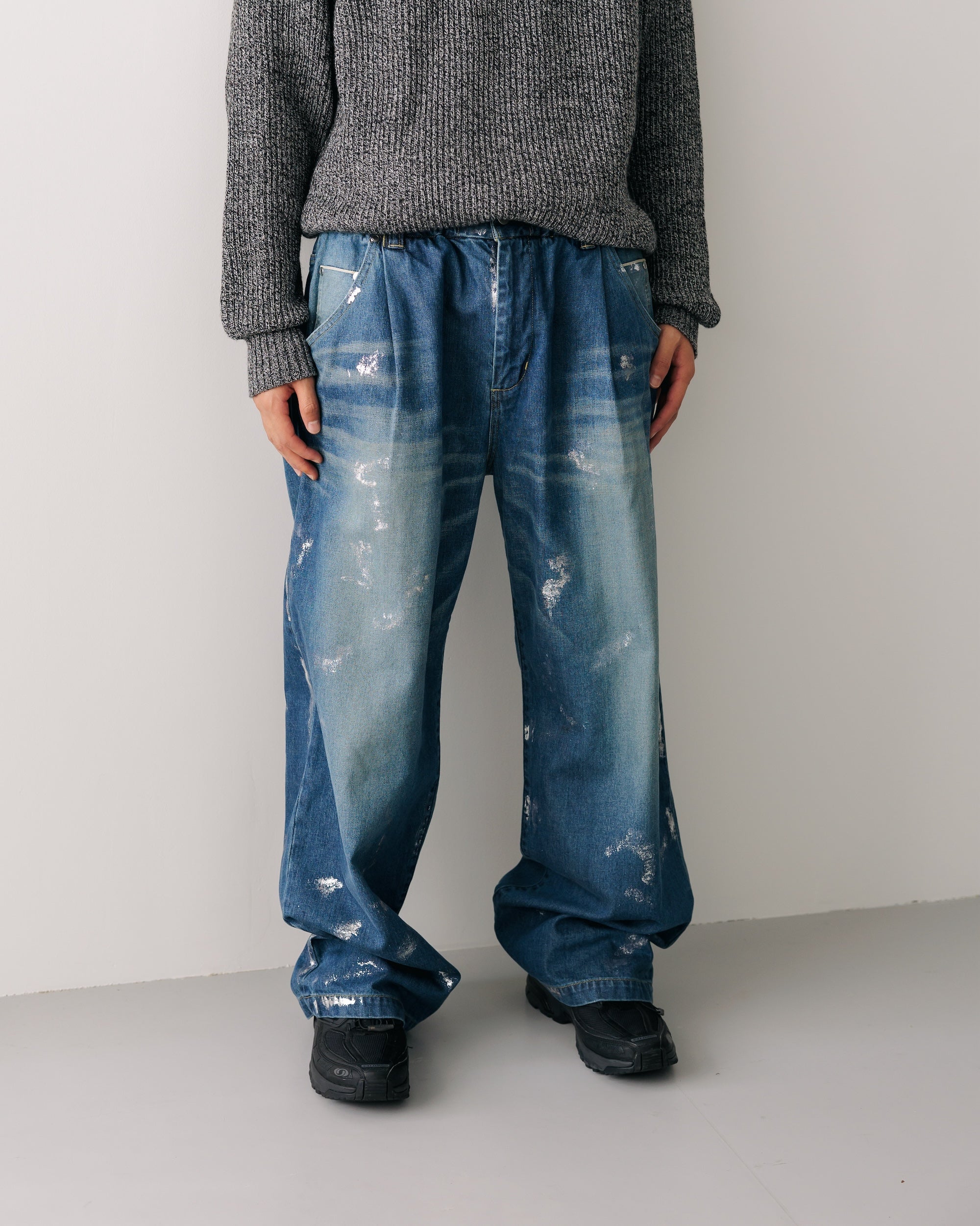 SILVER PRINT VINTAGE WASH SELVEDGE DENIM WIDE PANTS