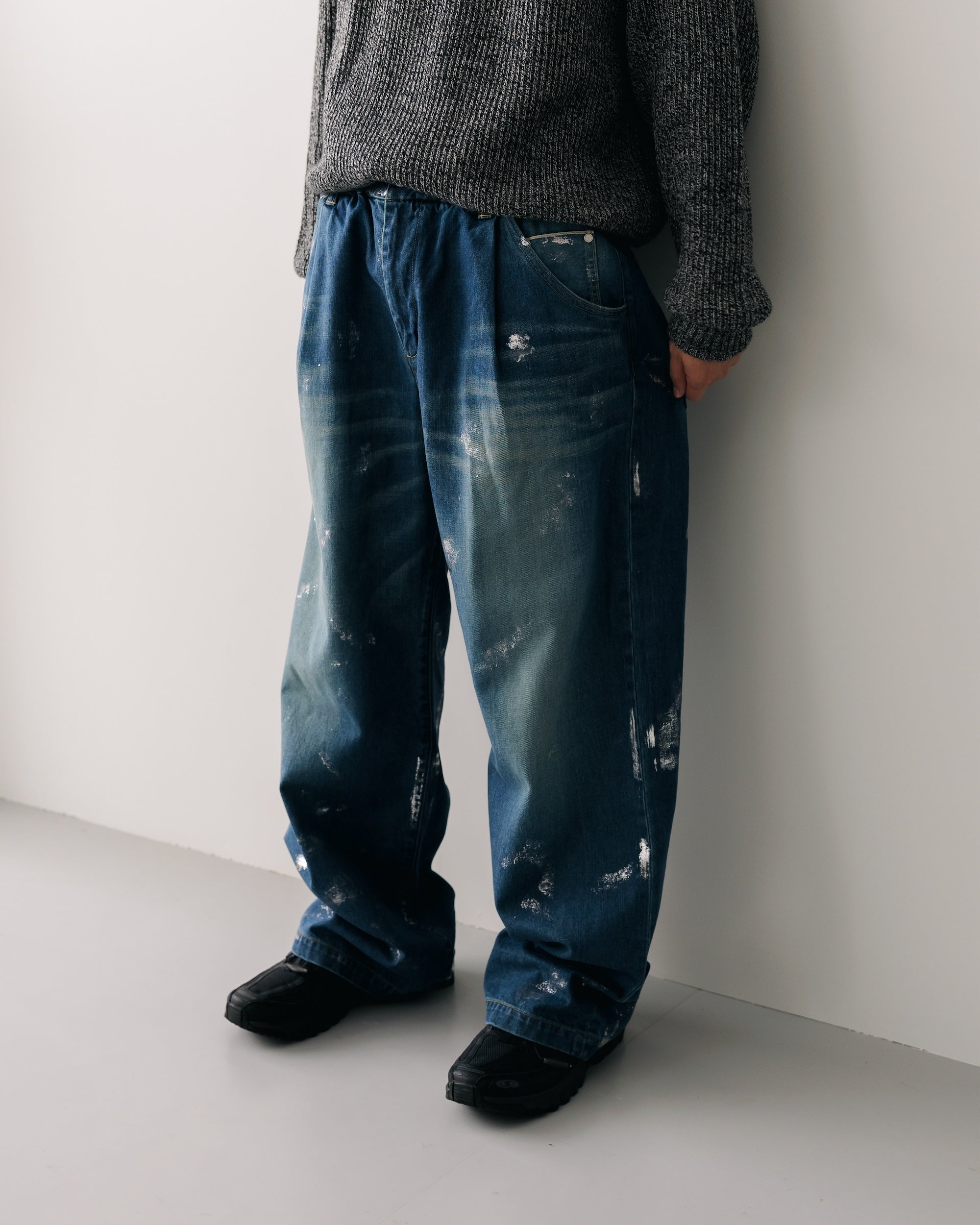 SILVER PRINT VINTAGE WASH SELVEDGE DENIM WIDE PANTS