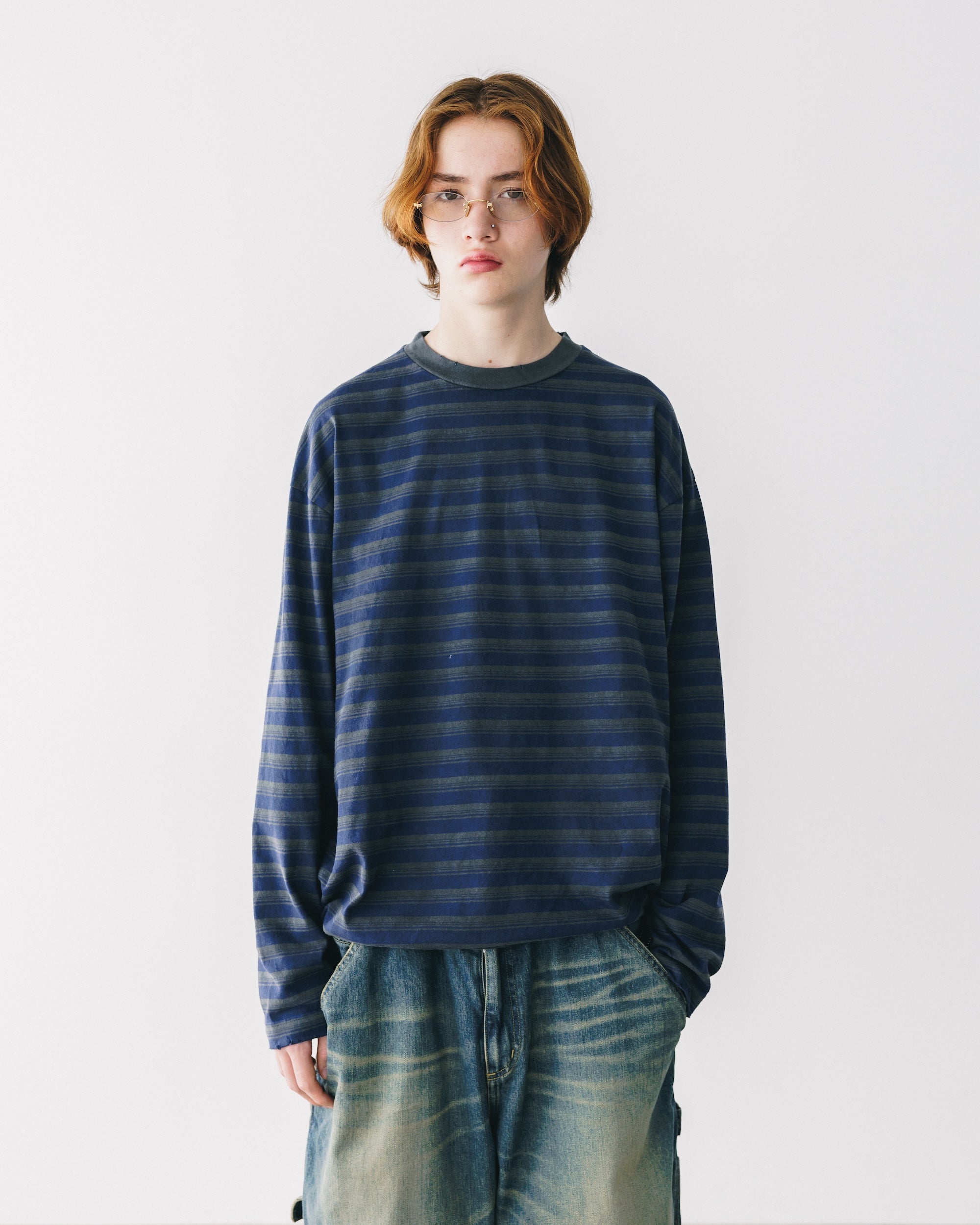 【10.8 WED 20:00- IN STOCK】PIGMENT DYED MULTI STRIPED L/S T-SHIRT WITH DRAWSTRINGS