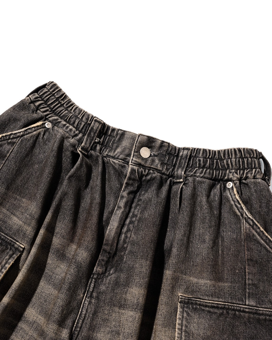 VINTAGE DYED SELVEDGE DENIM CITY MEGA POCKET BALLOON CARGO HALF PANTS (VINTAGE BLACK)