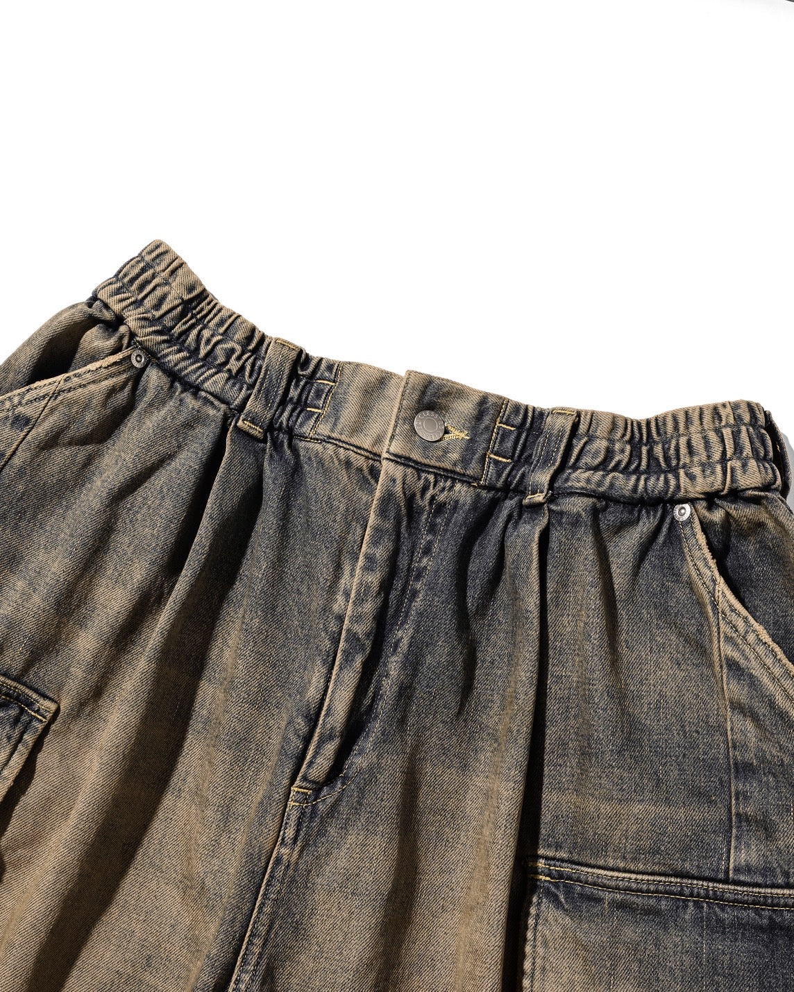VINTAGE DYED SELVEDGE DENIM CITY MEGA POCKET BALLOON CARGO HALF PANTS (VINTAGE BEIGE)