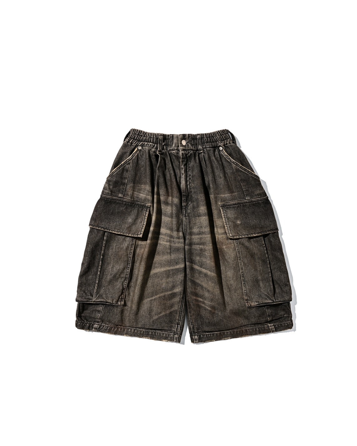 【5.23 SAT 20:00- IN STOCK】VINTAGE DYED SELVEDGE DENIM CITY MEGA POCKET BALLOON CARGO HALF PANTS (VINTAGE BLACK)