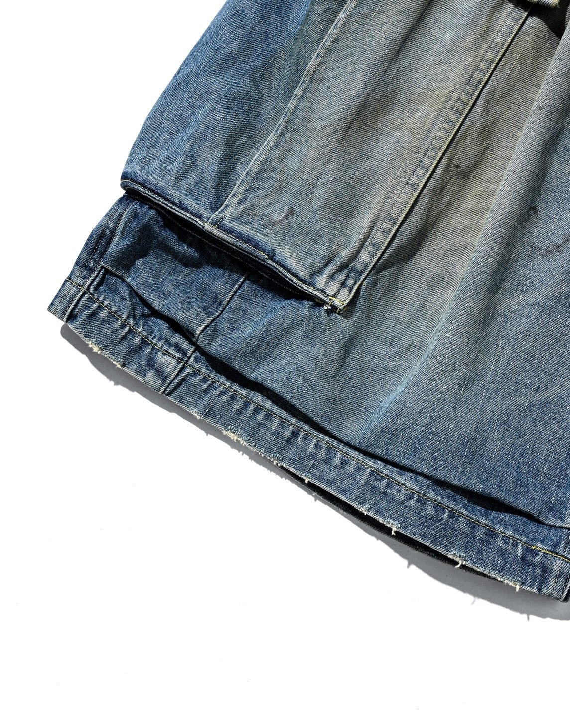 VINTAGE DYED SELVEDGE DENIM CITY MEGA POCKET BALLOON CARGO HALF PANTS (VINTAGE LIGHT INDIGO)