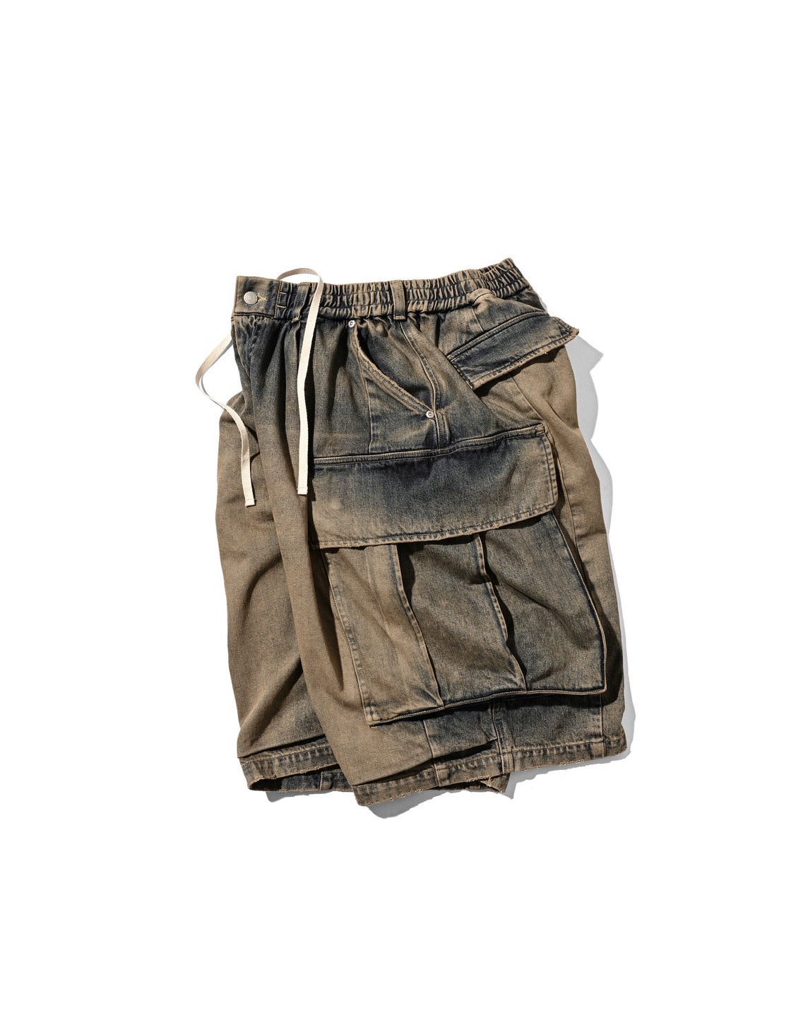 VINTAGE DYED SELVEDGE DENIM CITY MEGA POCKET BALLOON CARGO HALF PANTS (VINTAGE BEIGE)