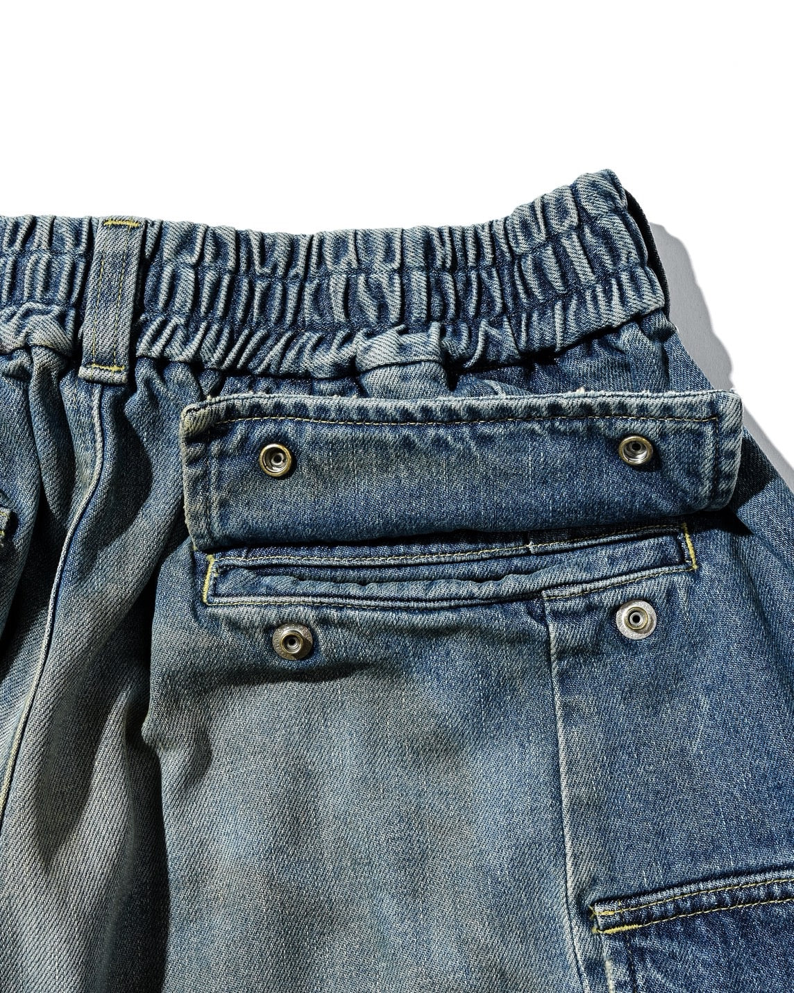 VINTAGE DYED SELVEDGE DENIM CITY MEGA POCKET BALLOON CARGO HALF PANTS