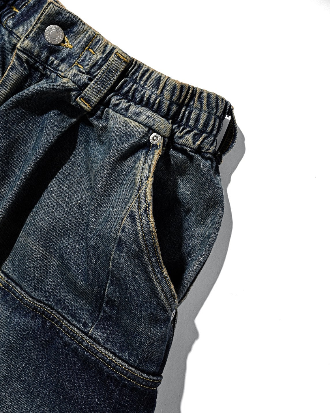 VINTAGE DYED SELVEDGE DENIM CITY MEGA POCKET BALLOON CARGO HALF PANTS (VINTAGE INDIGO)