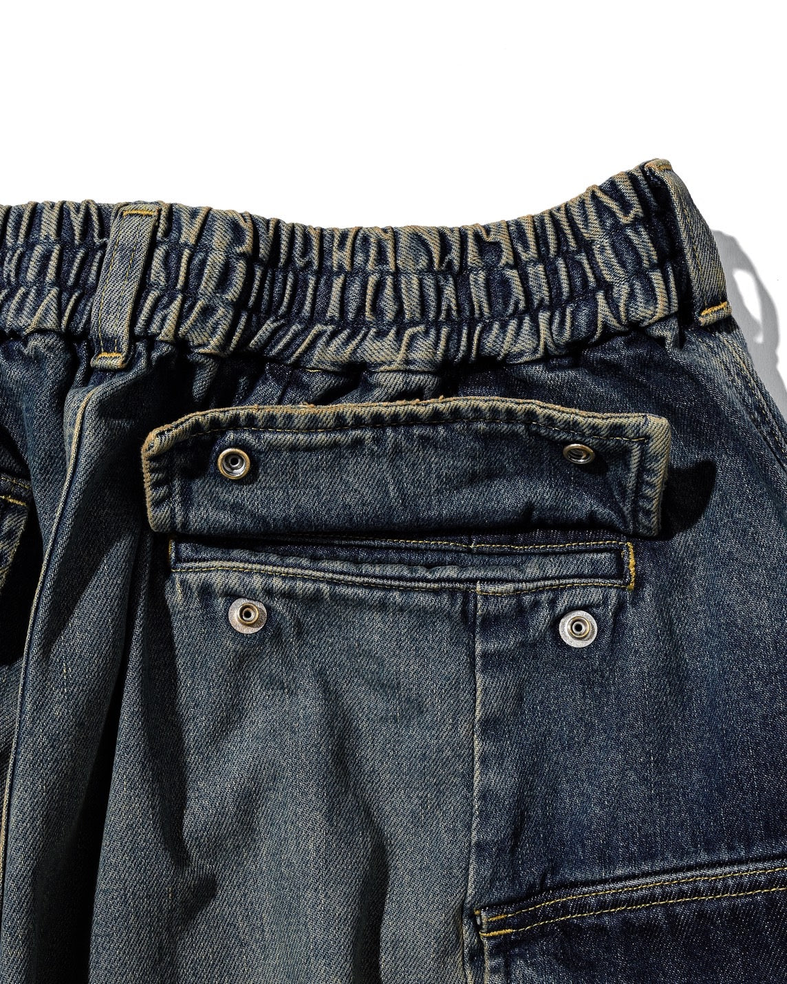 VINTAGE DYED SELVEDGE DENIM CITY MEGA POCKET BALLOON CARGO HALF PANTS (VINTAGE INDIGO)