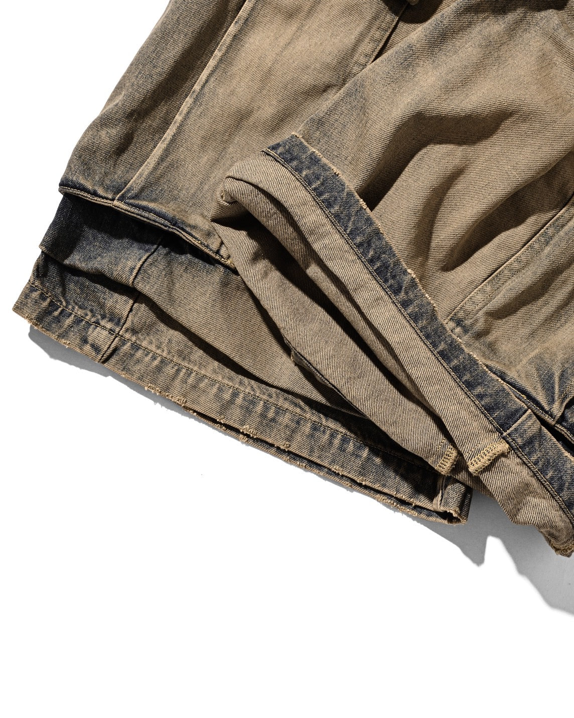 VINTAGE DYED SELVEDGE DENIM CITY MEGA POCKET BALLOON CARGO HALF PANTS (VINTAGE BEIGE)
