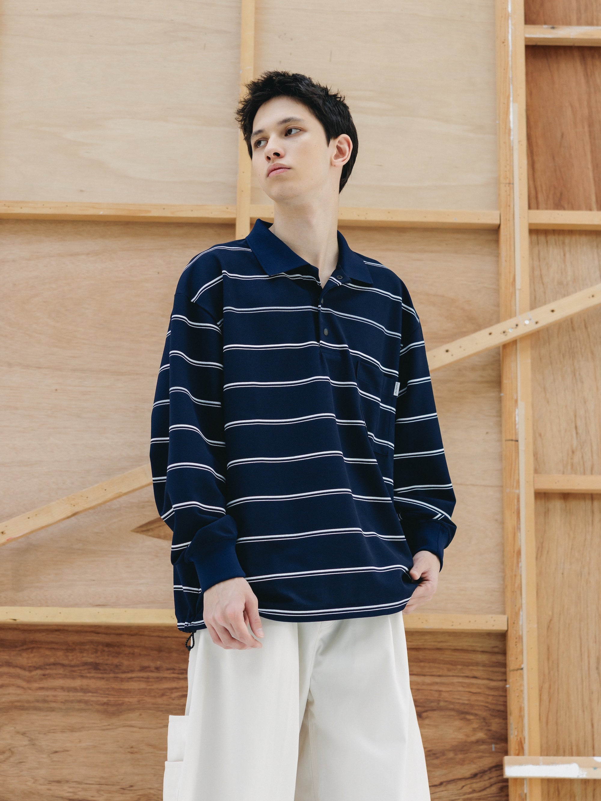THICK/THIN STRIPE ACTIVE CITY POLO L/S SHIRTS (NAVY)