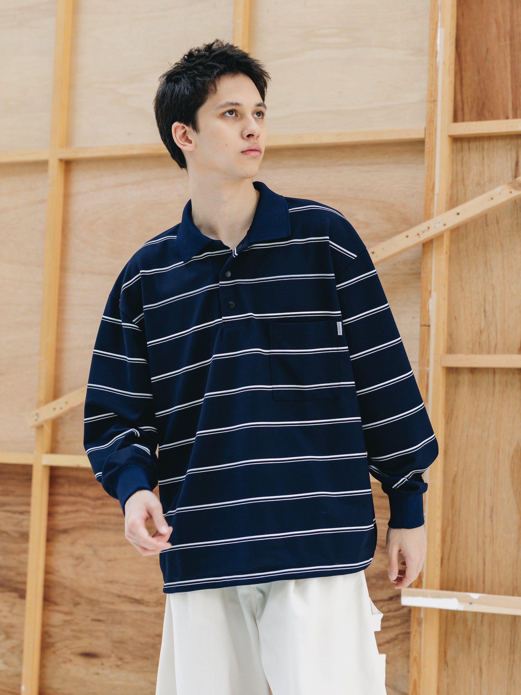 THICK/THIN STRIPE ACTIVE CITY POLO L/S SHIRTS (NAVY)