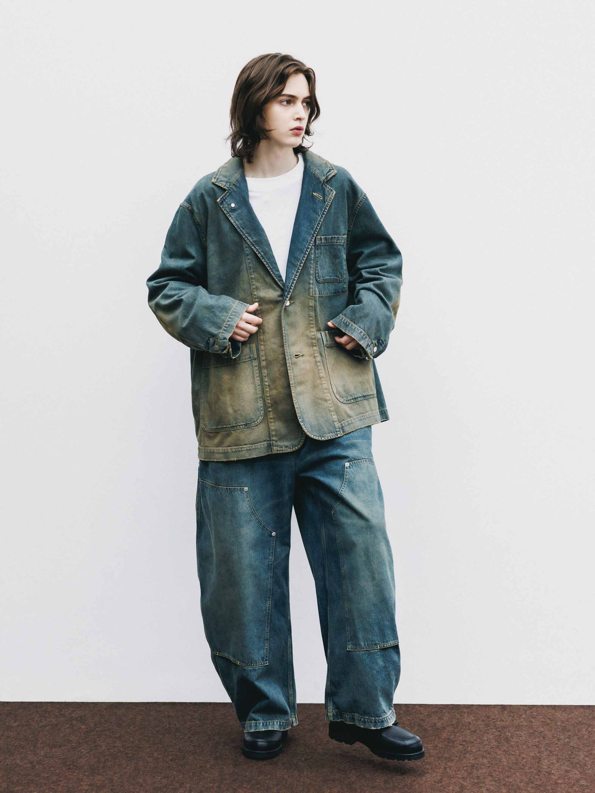 【10.10 SAT 20:00- IN STOCK】 VINTAGE DYED SELVEDGE DENIM DOUBLE KNEE CURVED WORKER PANTS (VINTAGE INDIGO)