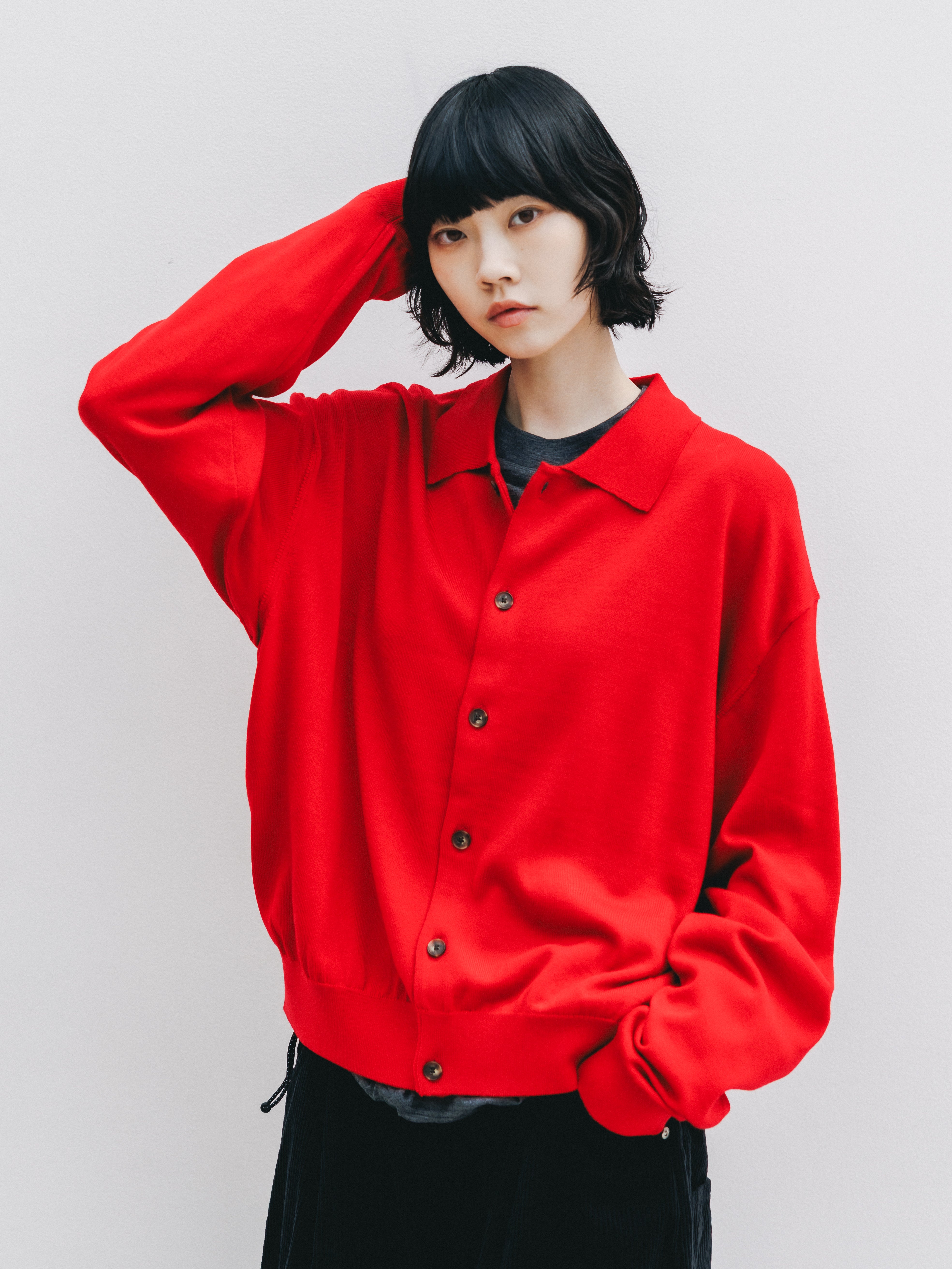 10.21 WED 20:00- IN STOCK】 12G WOOL KNIT COLLARED CARDIGAN (RED)