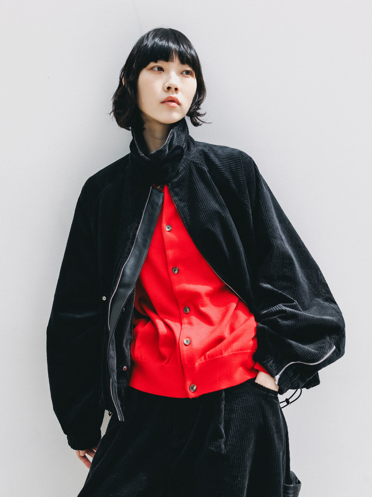 【10.21 WED 20:00- IN STOCK】 LEATHER COLLAR CORDUROY CITY UTILITY BALLOON JACKET (BLACK)