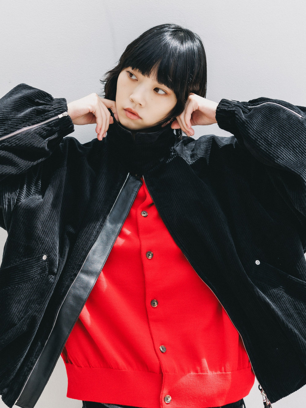 【10.21 WED 20:00- IN STOCK】 LEATHER COLLAR CORDUROY CITY UTILITY BALLOON JACKET (BLACK)