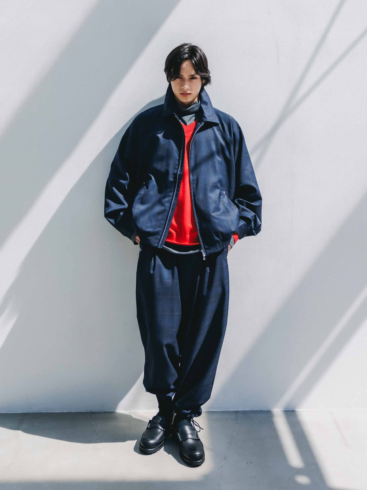 【9.30 WED 20:00- IN STOCK】WOOL GLEN PLAID CITY UNIFORM WIDE TAPERED PANTS (NAVY)