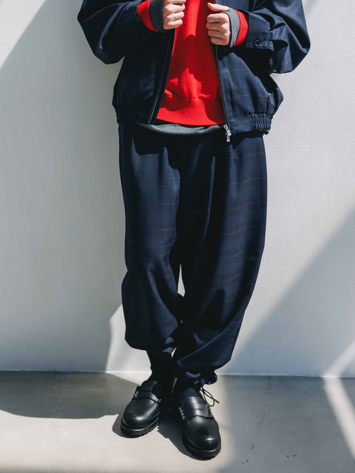 【9.30 WED 20:00- IN STOCK】WOOL GLEN PLAID CITY UNIFORM WIDE TAPERED PANTS (NAVY)