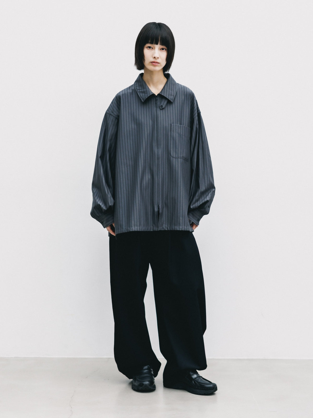 【10.24 SAT 20:00- IN STOCK】 THICK/THIN STRIPE 46G KNIT EVERYDAY ZIP UP L/S SHIRT (CHARCOAL STRIPE)