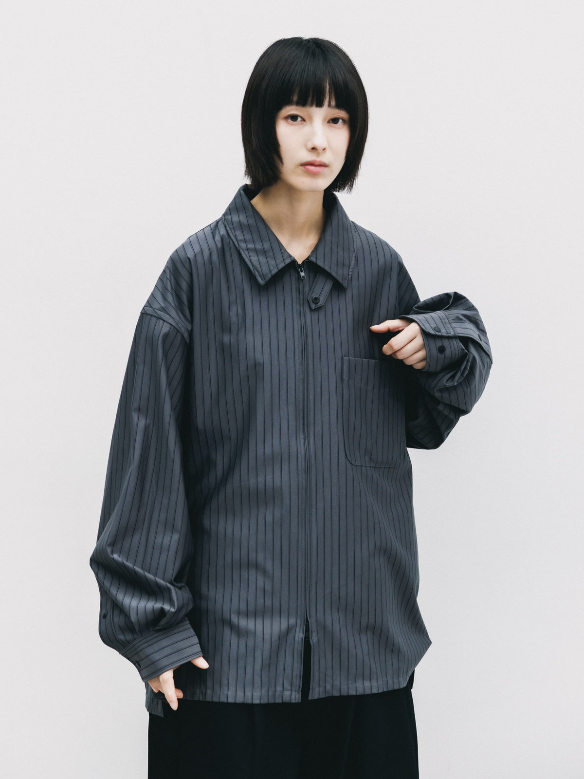 【10.24 SAT 20:00- IN STOCK】 THICK/THIN STRIPE 46G KNIT EVERYDAY ZIP UP L/S SHIRT (CHARCOAL STRIPE)