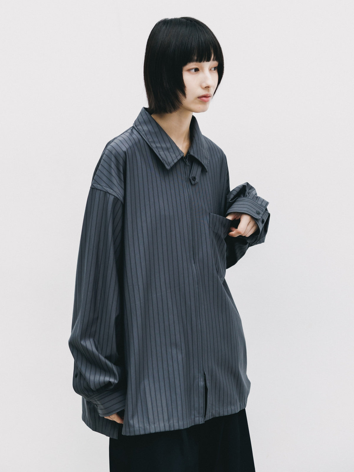 【10.24 SAT 20:00- IN STOCK】 THICK/THIN STRIPE 46G KNIT EVERYDAY ZIP UP L/S SHIRT (CHARCOAL STRIPE)