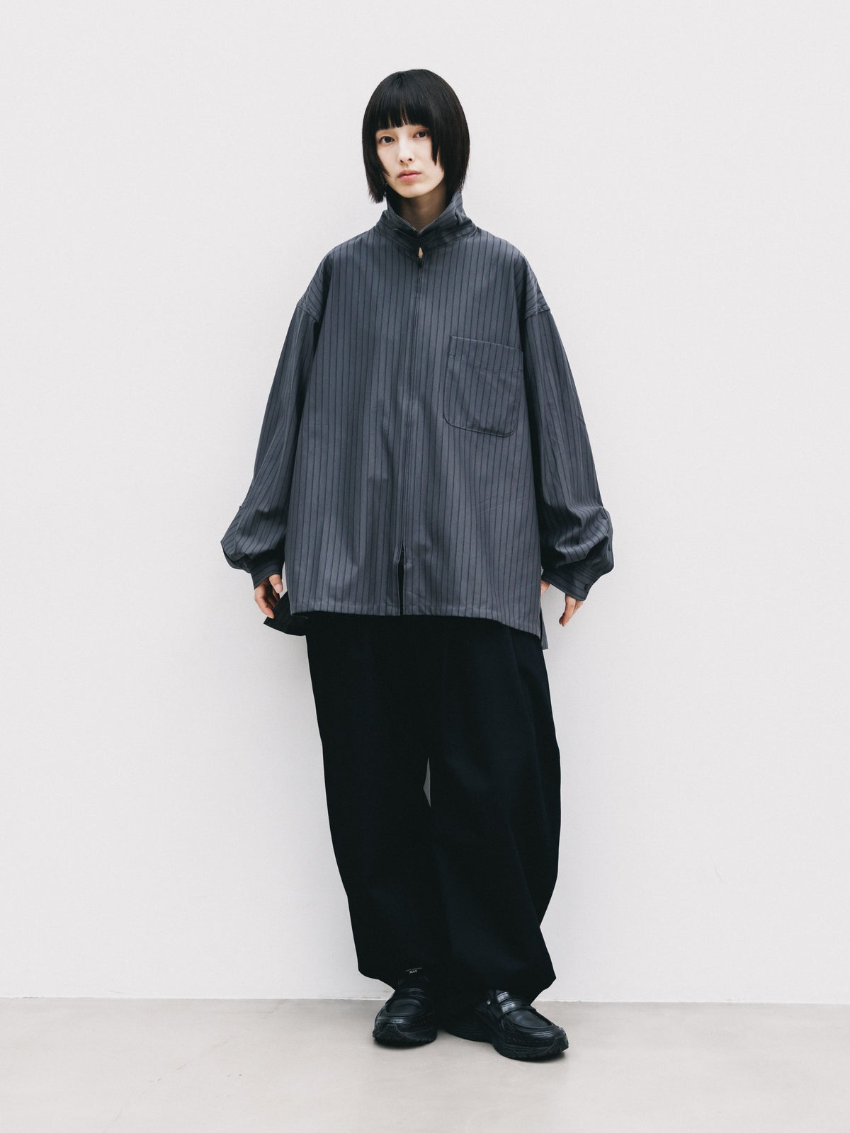 【10.24 SAT 20:00- IN STOCK】 THICK/THIN STRIPE 46G KNIT EVERYDAY ZIP UP L/S SHIRT (CHARCOAL STRIPE)