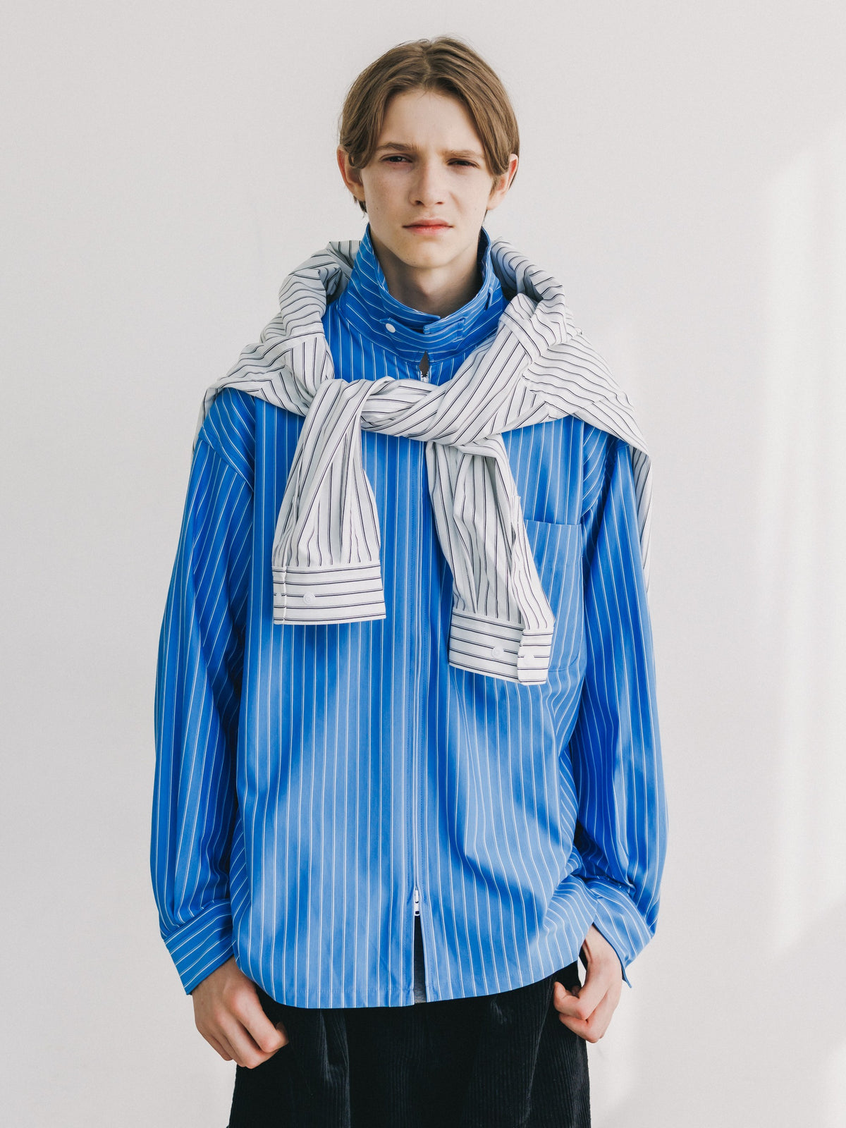 【10.24 SAT 20:00- IN STOCK】 THICK/THIN STRIPE 46G KNIT EVERYDAY ZIP UP L/S SHIRT (SAX BLUE STRIPE)
