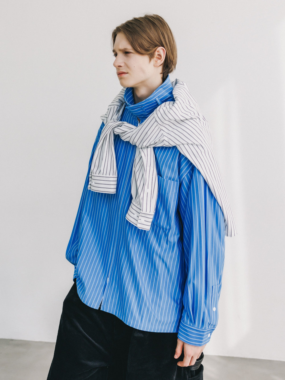 【10.24 SAT 20:00- IN STOCK】 THICK/THIN STRIPE 46G KNIT EVERYDAY ZIP UP L/S SHIRT (SAX BLUE STRIPE)