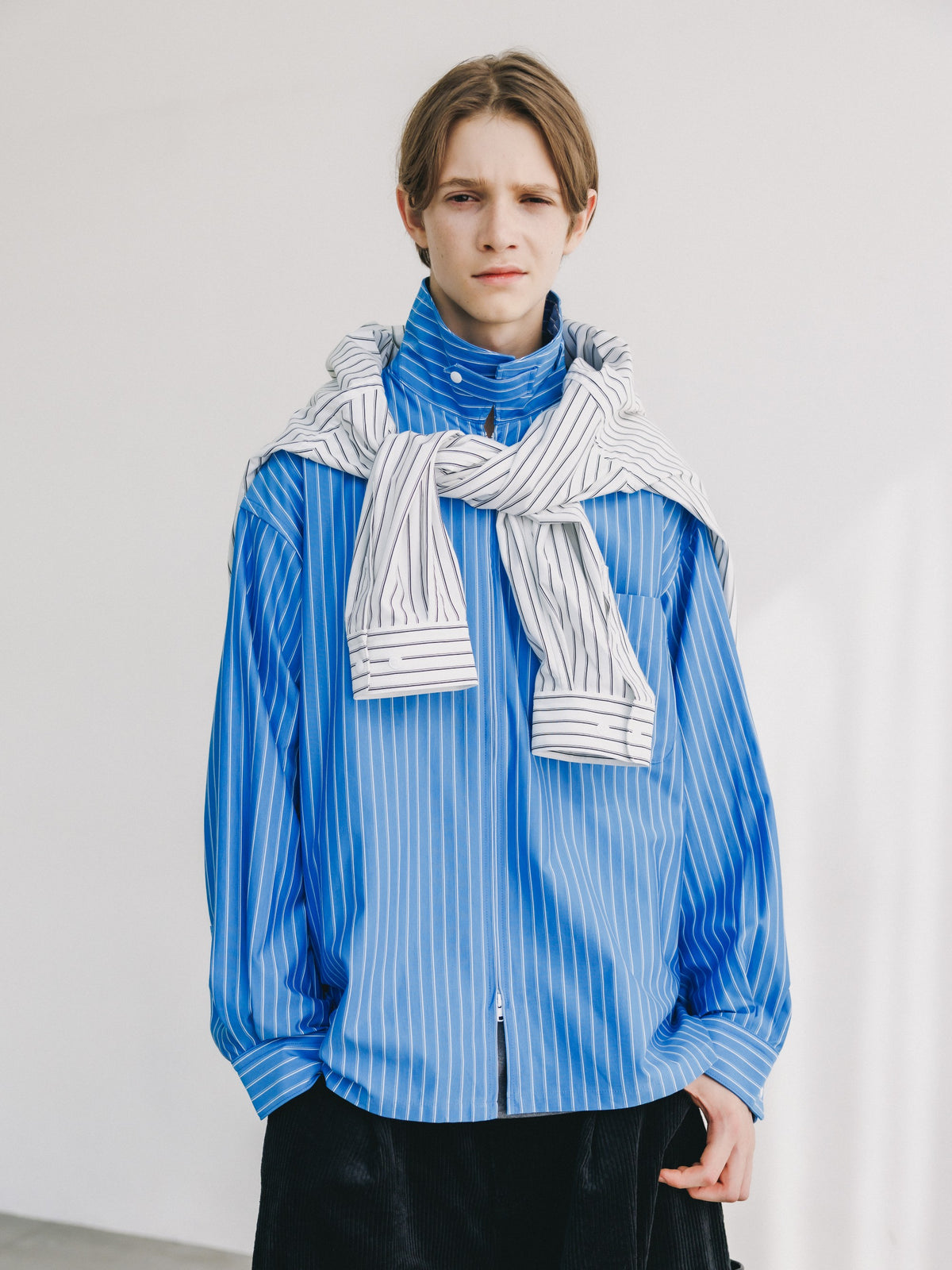 【10.24 SAT 20:00- IN STOCK】 THICK/THIN STRIPE 46G KNIT EVERYDAY ZIP UP L/S SHIRT (SAX BLUE STRIPE)