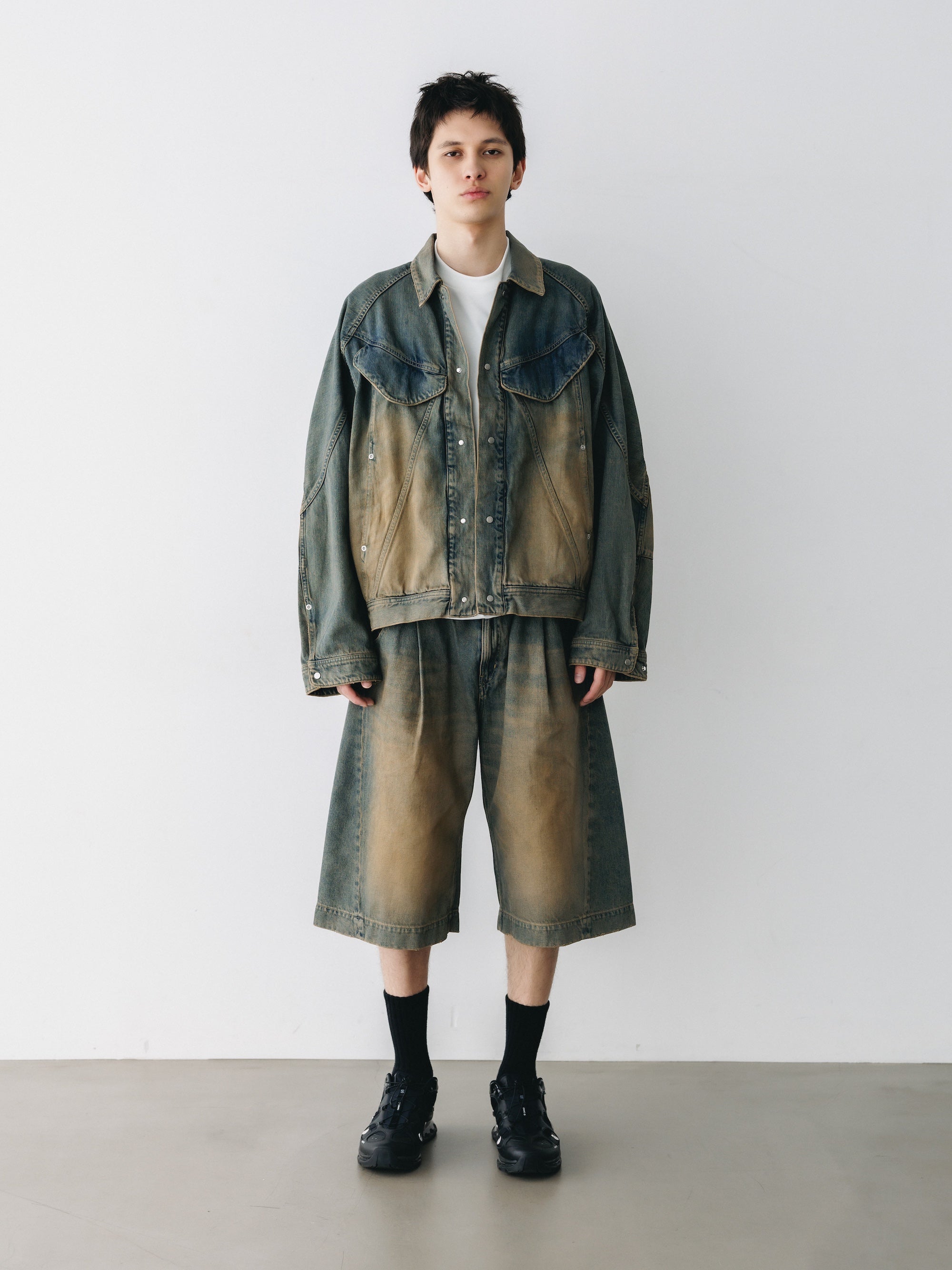 VINTAGE DYED SELVEDGE DENIM CITY BAGGY HALF PANTS (VINTAGE BEIGE)