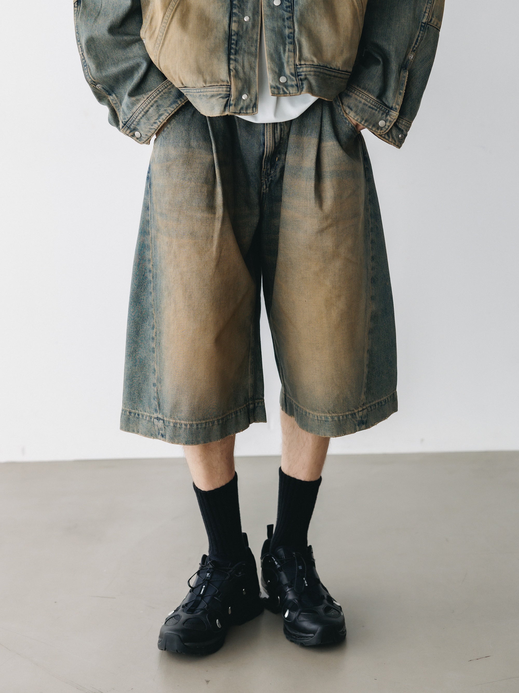 VINTAGE DYED SELVEDGE DENIM CITY BAGGY HALF PANTS (VINTAGE BEIGE)